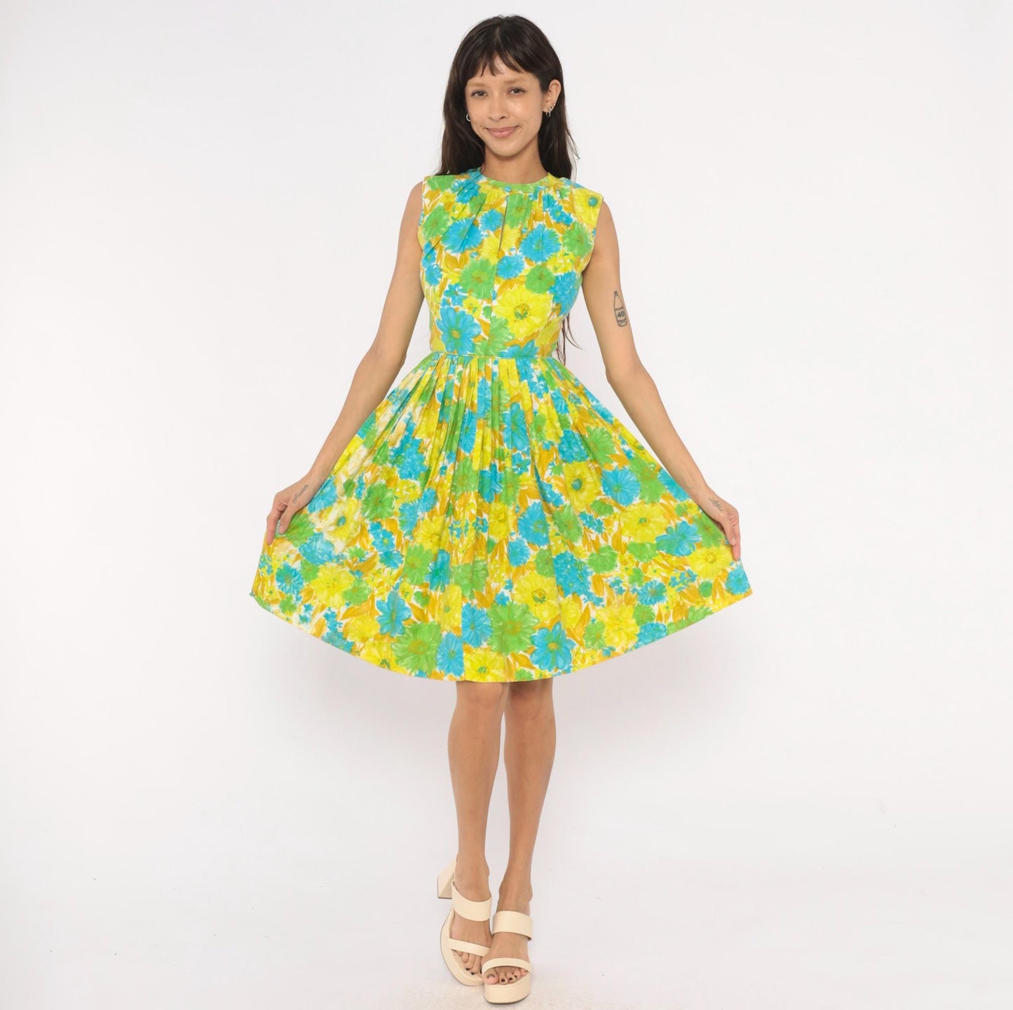 60s Floral Fit-and-Flare Sundress Daisy Print Yellow Green Blue Cotton XS