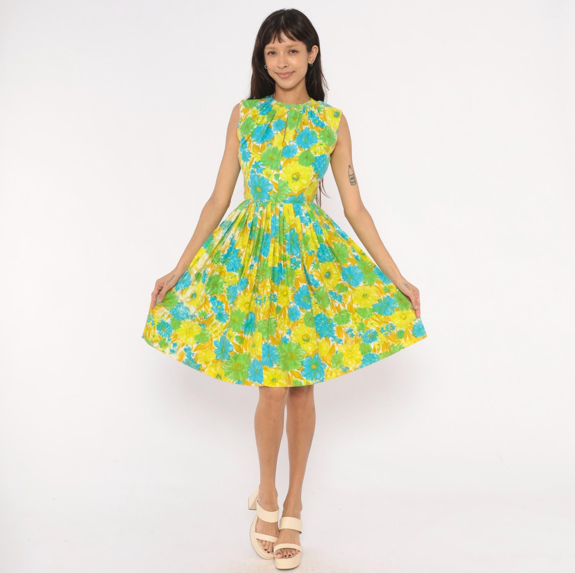 60s Floral Fit-and-Flare Sundress Daisy Print Yellow Green Blue Cotton XS