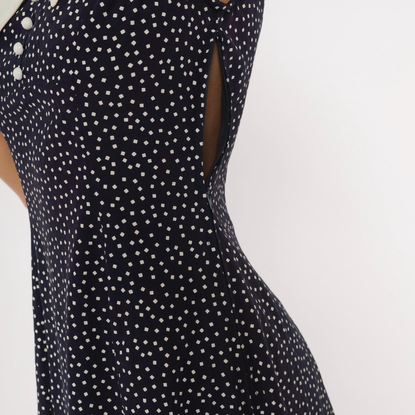 80s All That Jazz Navy Polka Dot Mini Dress White Collar Sleeveless Small