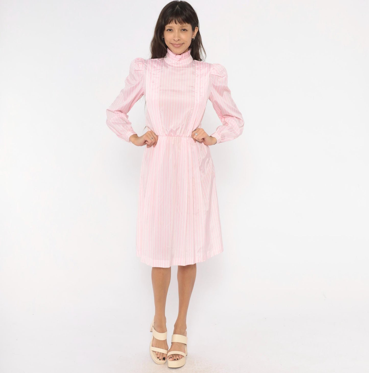 80s Jennifer Pink White Striped Dress Puff Sleeve Mock Neck Small