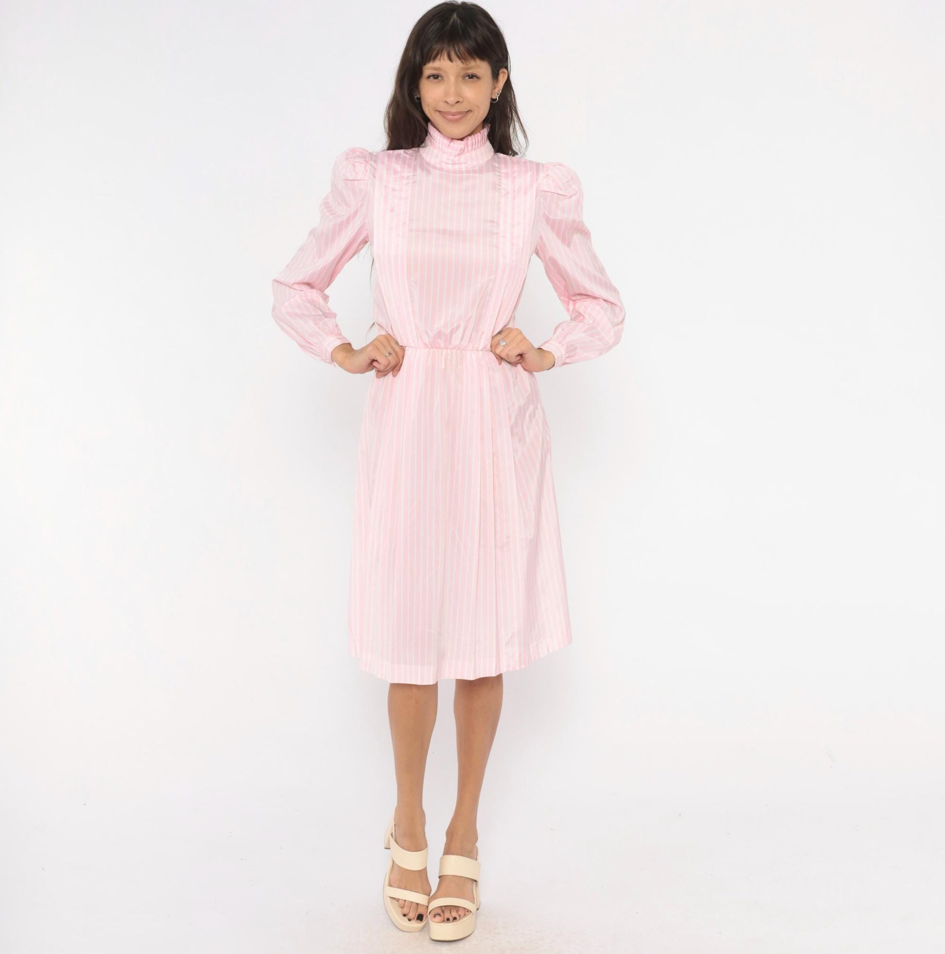 80s Jennifer Pink White Striped Dress Puff Sleeve Mock Neck Small