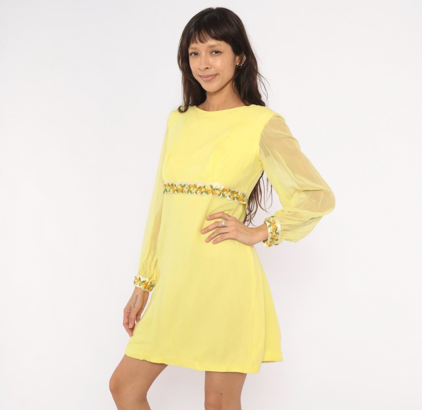 1960s Yellow Chiffon Empire Waist Mini Dress Embroidered Floral Small