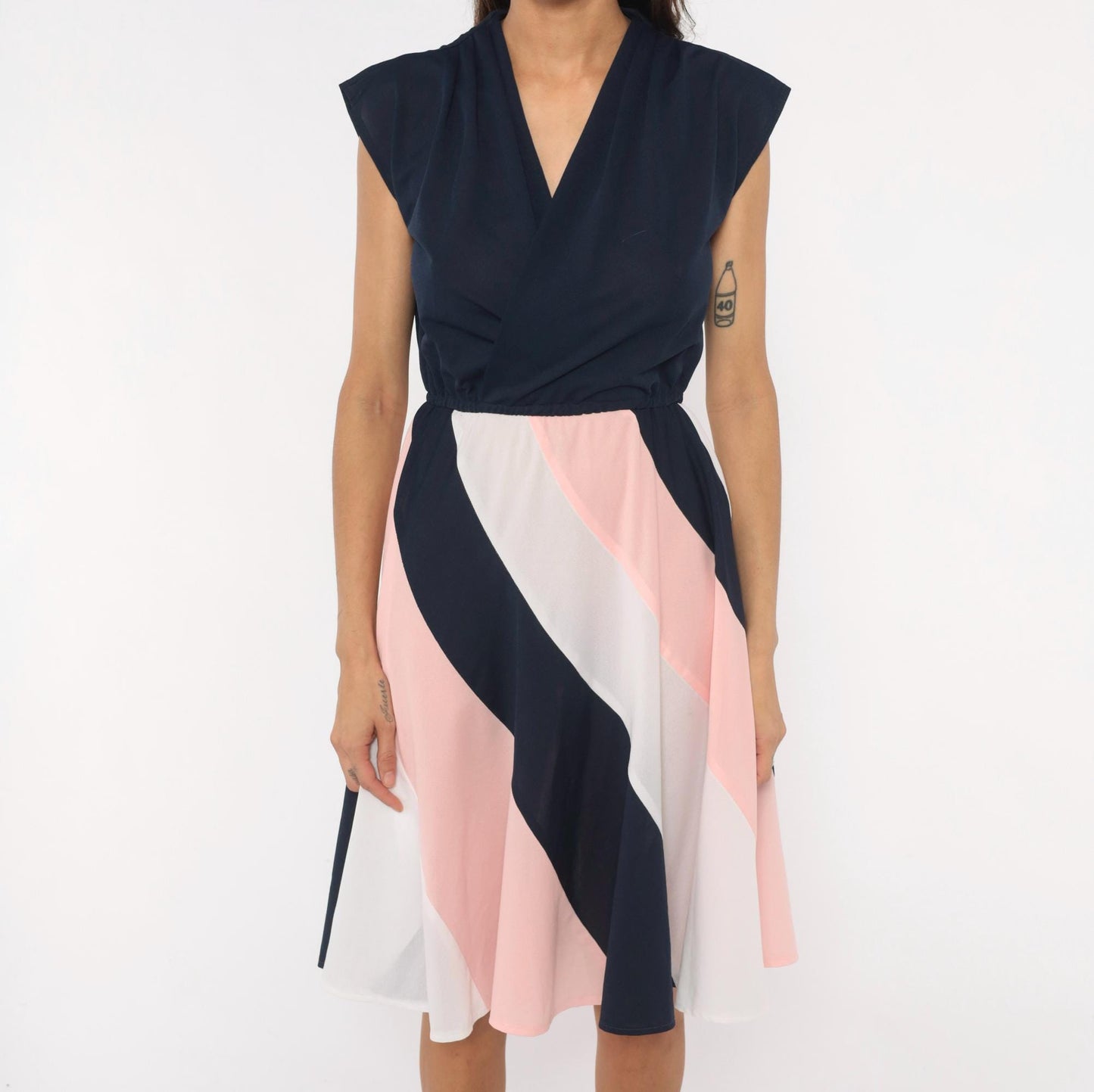 70s Navy Colorblock Sundress Pink White Diagonal Stripe Knee-Length Medium