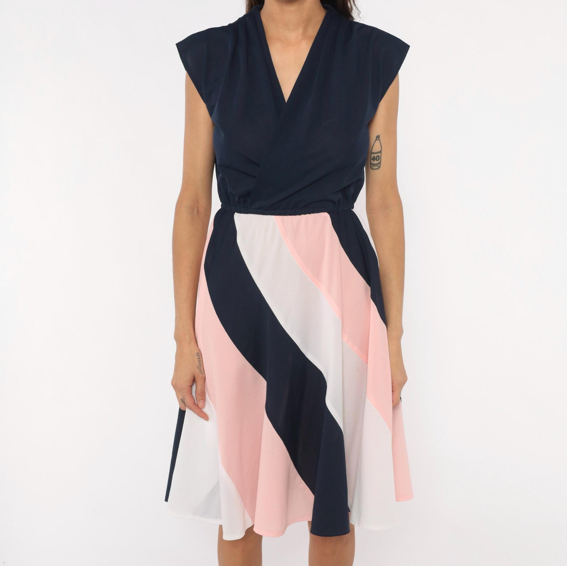 70s Navy Colorblock Sundress Pink White Diagonal Stripe Knee-Length Medium