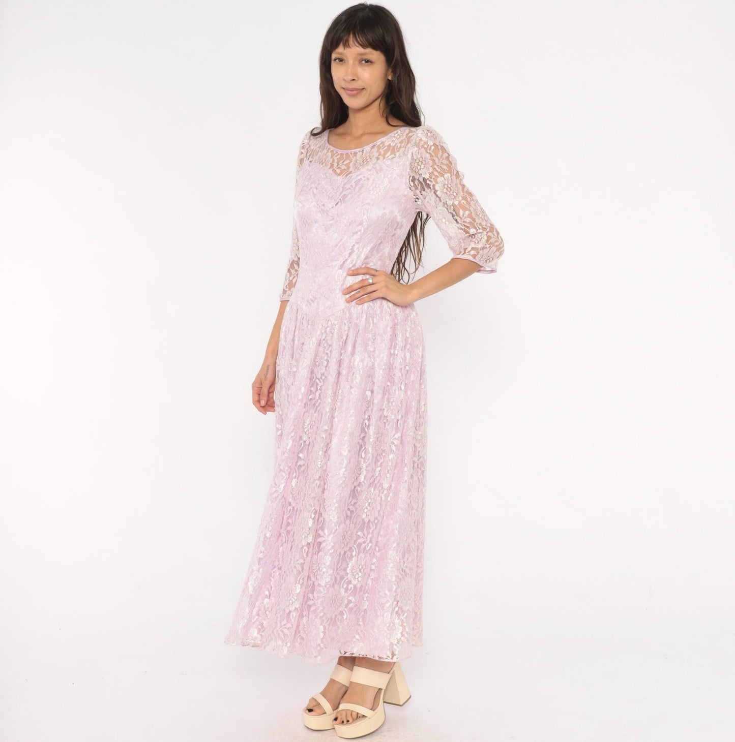 80s Lavender Lace Maxi Dress Floral Sheer Sleeve Drop Waist Large L