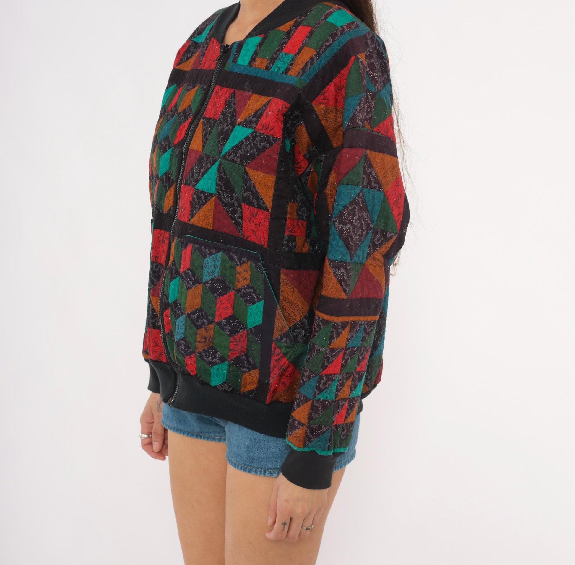 90s Quilted Patchwork Bomber Jacket Geometric Star Block Cotton Multicolor Large L