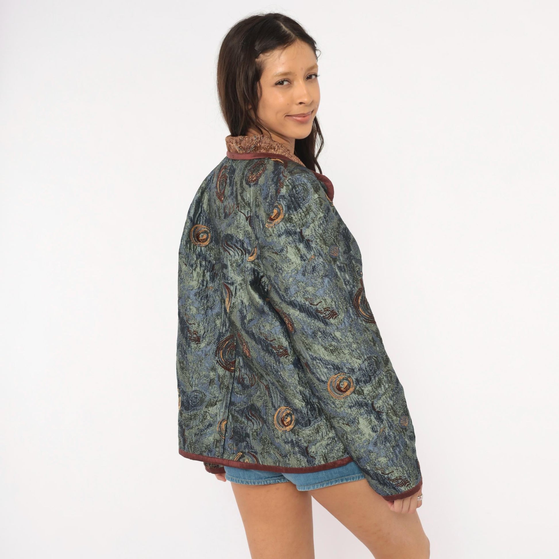 2000s Yak Magik Tapestry Blazer Woven Spiral Jacquard Blue Green Brown Extra Large XXL