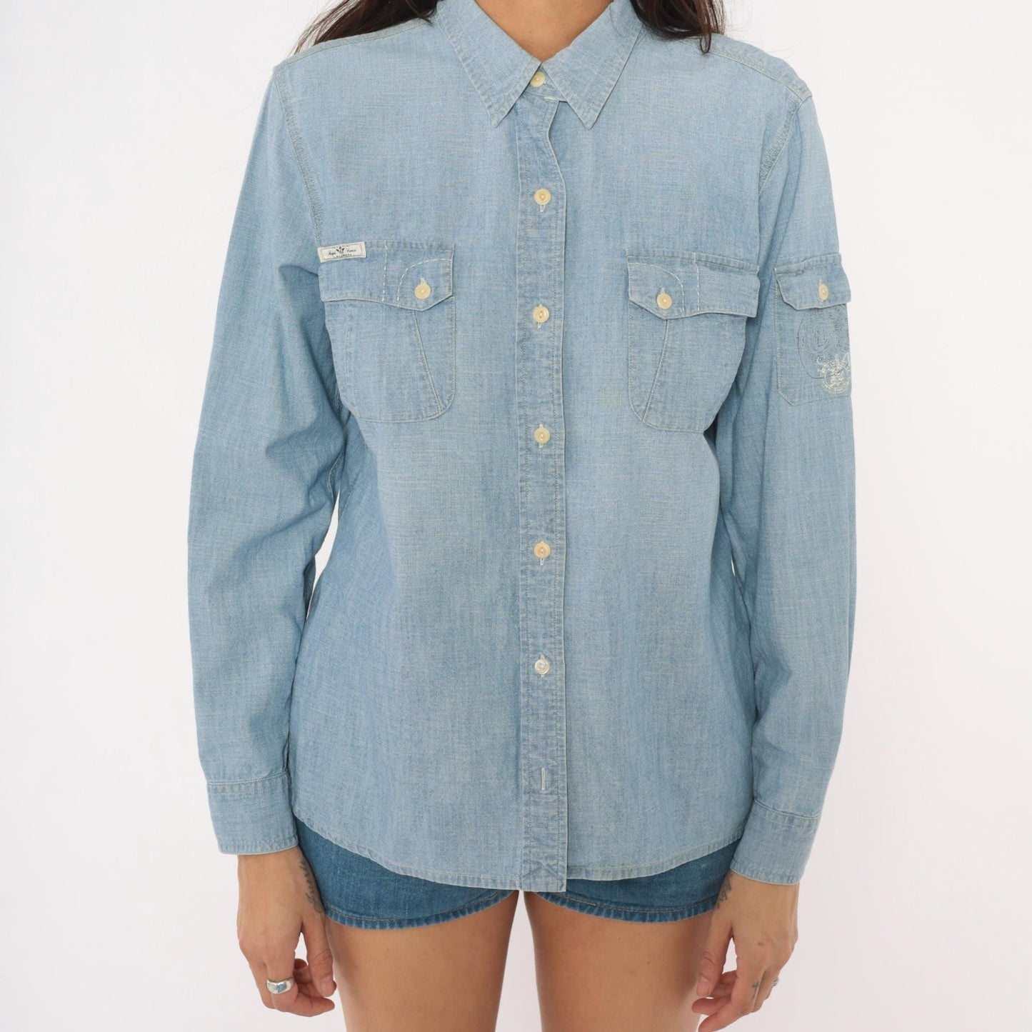 90s Ralph Lauren Jeans Co Chambray Button-Up Shirt Light Blue Cotton Long Sleeve Large L