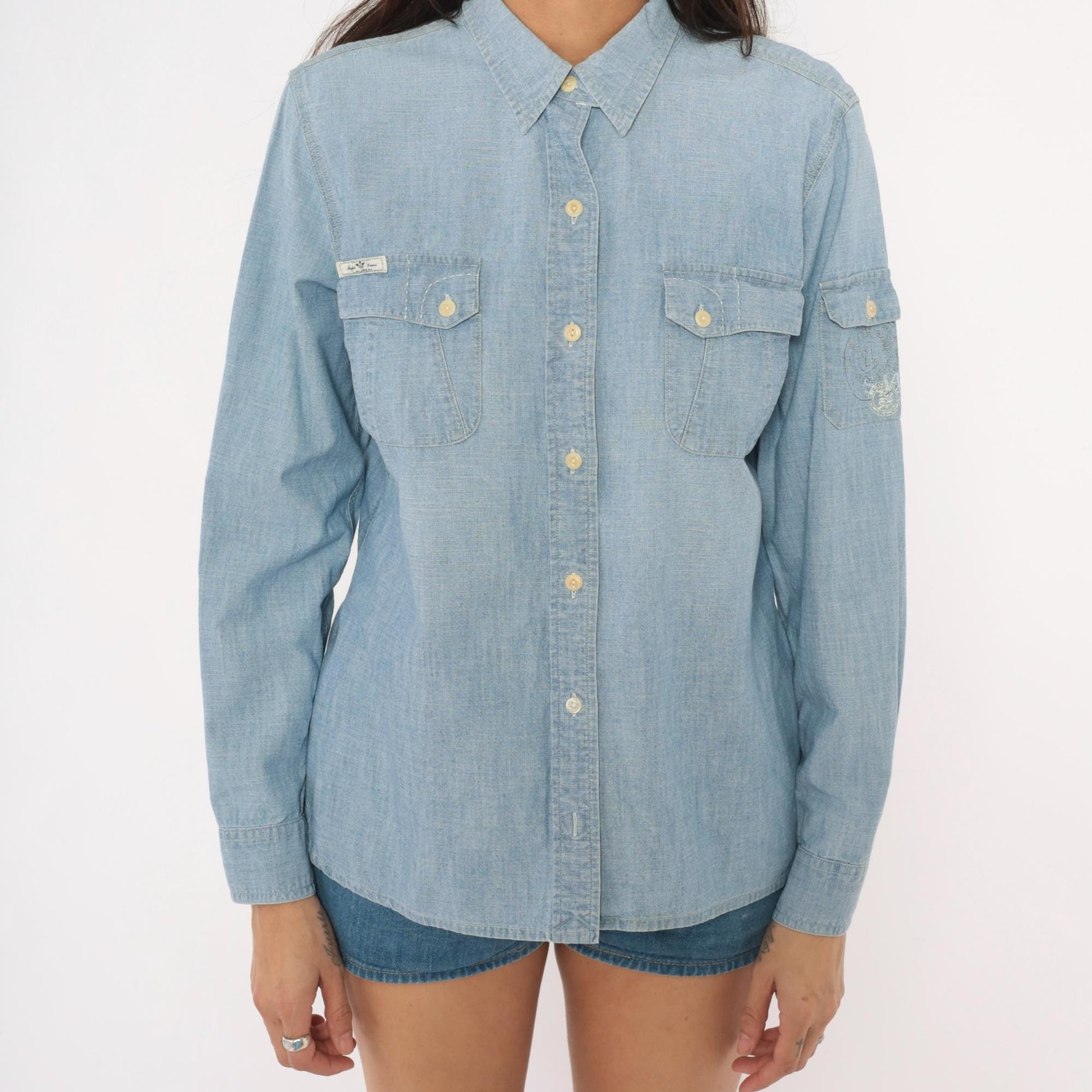 90s Ralph Lauren Jeans Co Chambray Button-Up Shirt Light Blue Cotton Long Sleeve Large L