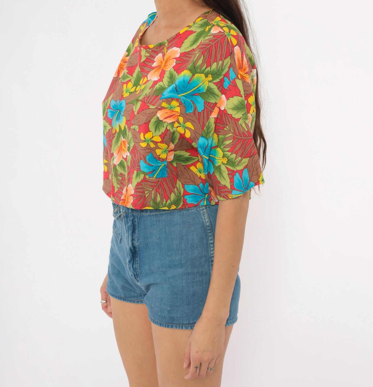90s California Krush Tropical Hibiscus Crop Top Red Blue Green Medium M