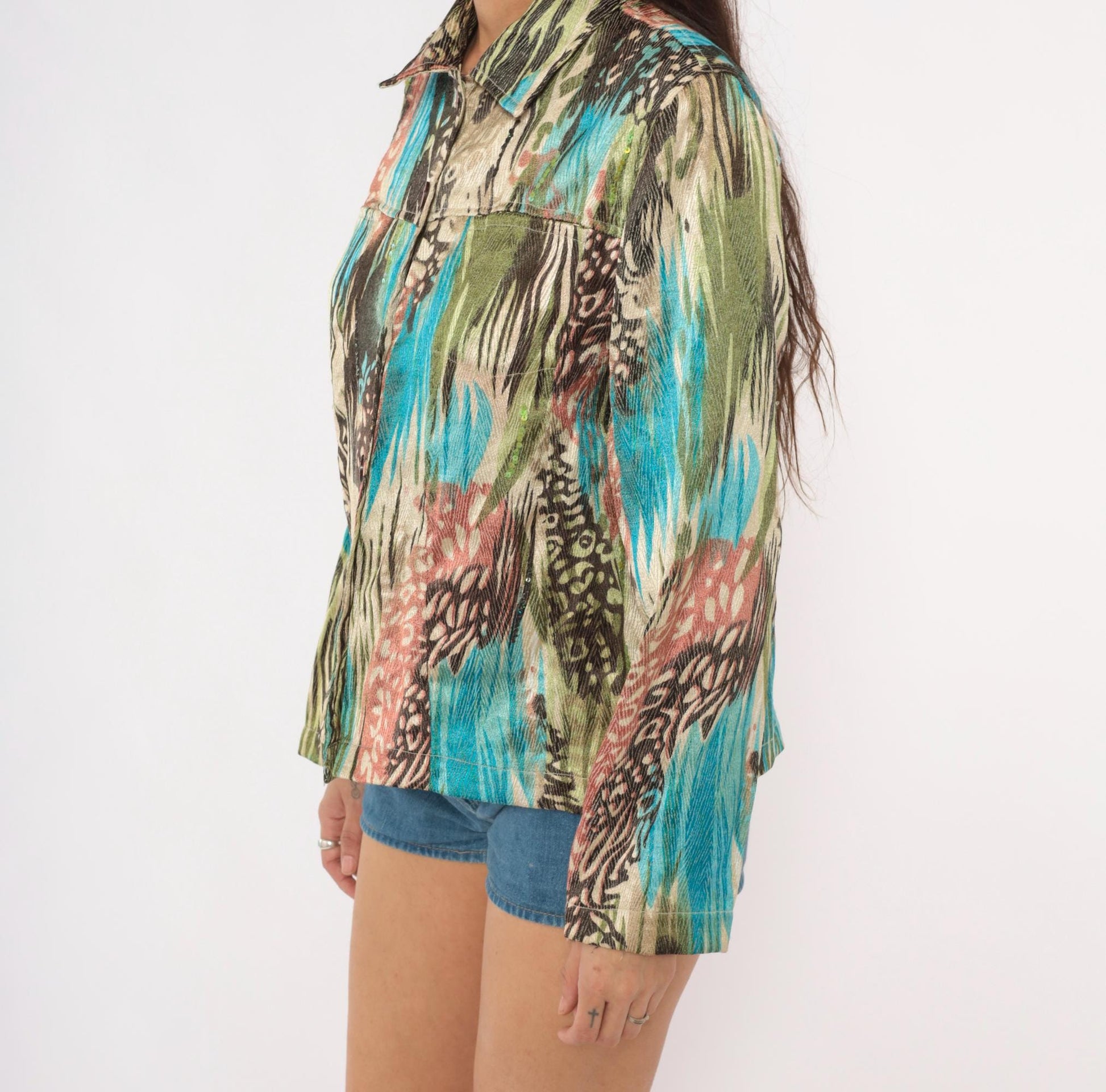 Y2K Sara Studio Animal Print Sequin Blouse Turquoise Olive Medium M
