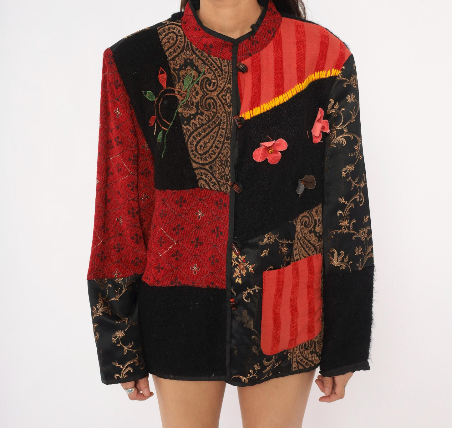 2000s Julia Kin Patchwork Embroidered Jacket Black Red Mandarin Collar Extra Large XL