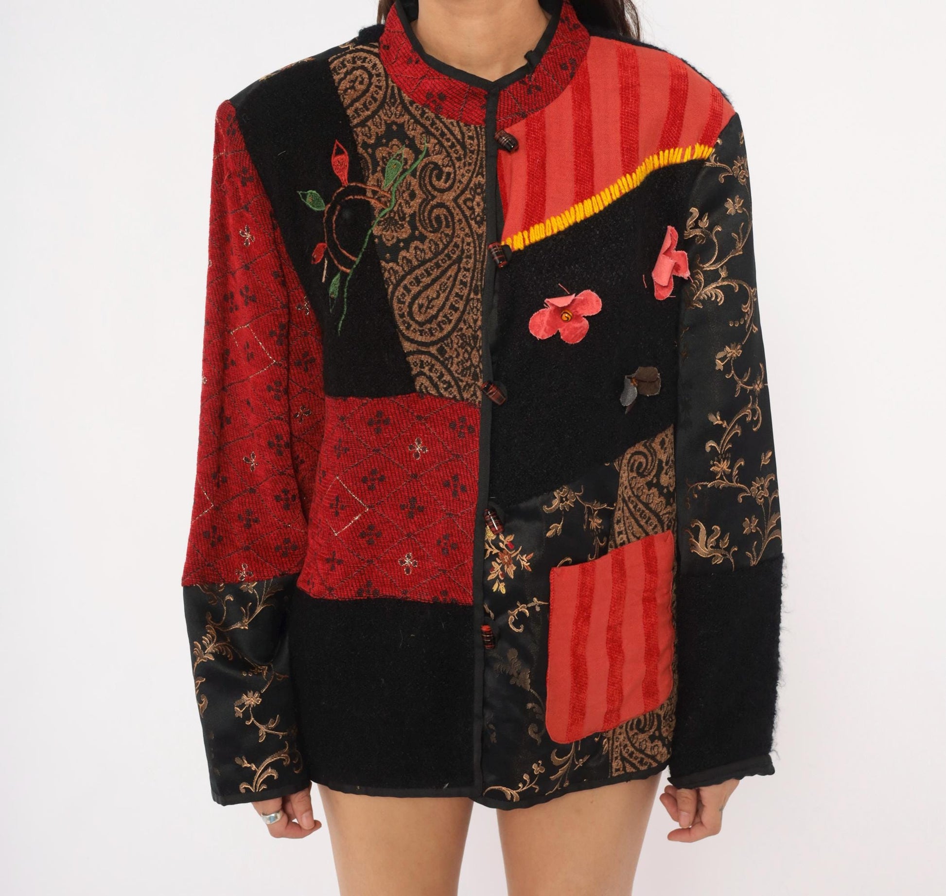 2000s Julia Kin Patchwork Embroidered Jacket Black Red Mandarin Collar Extra Large XL