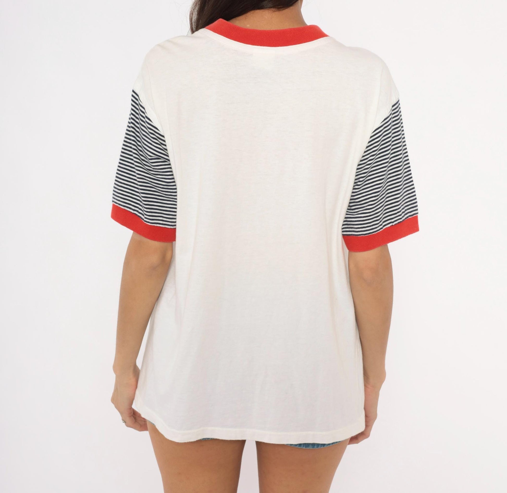 90s Head Sportswear Ringer Tee Geometric Print White Navy Red Striped Large L
