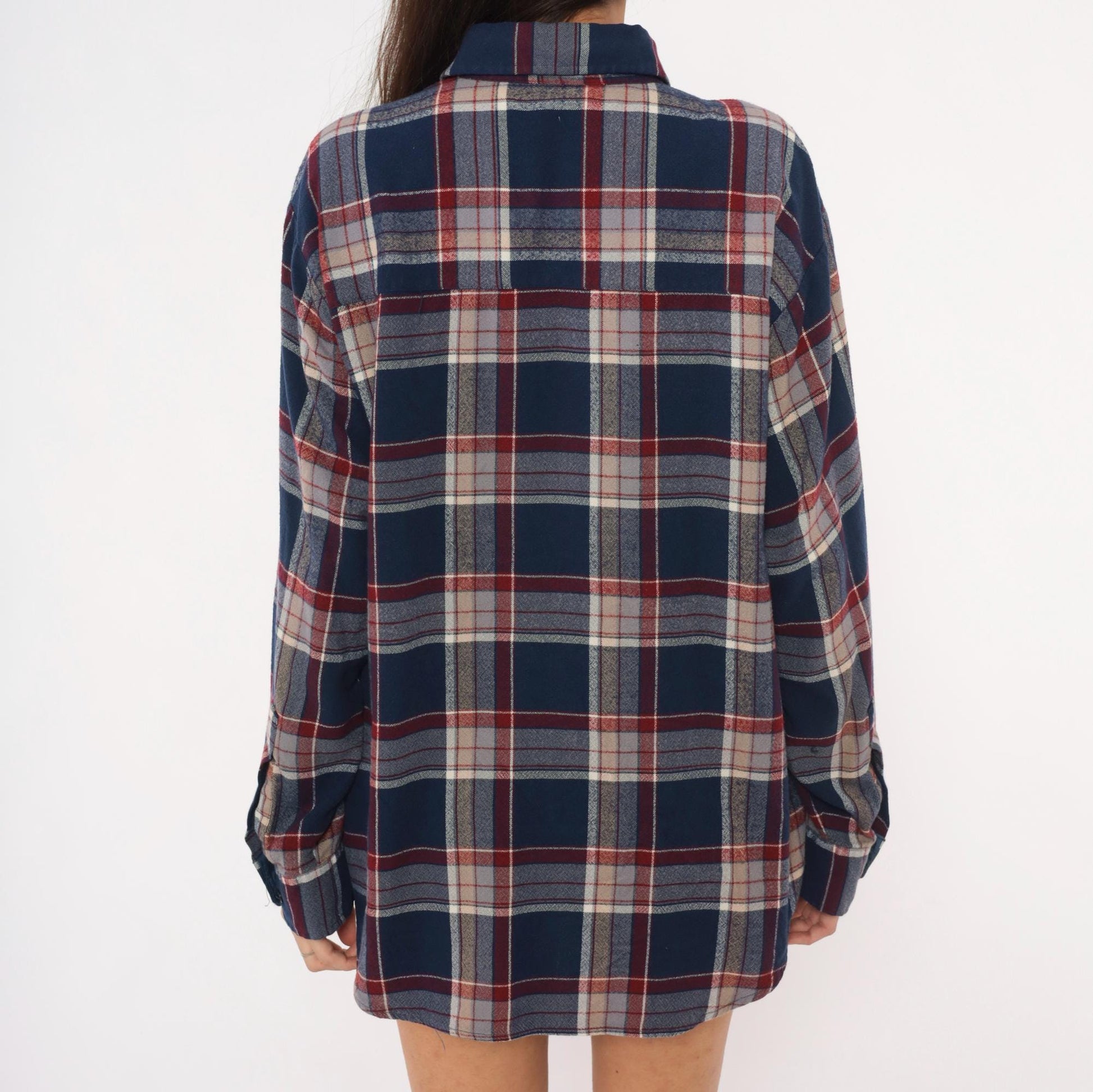 80s B.S.R. Navy Burgundy Plaid Flannel Shirt Point Collar Large L