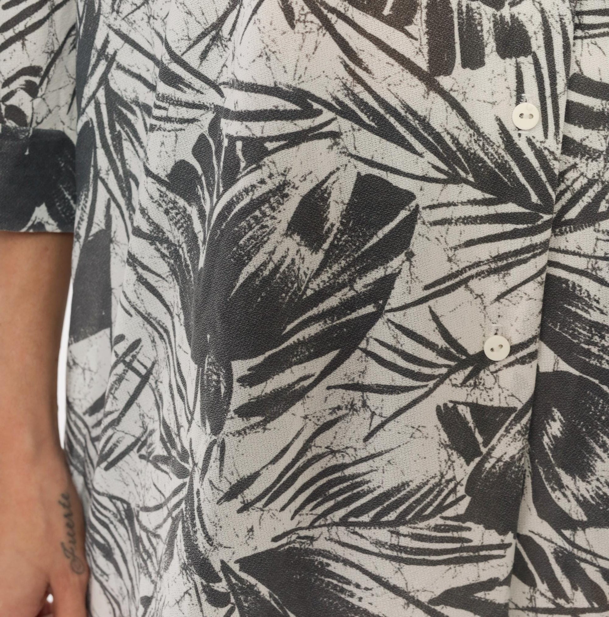 90s Cassandra Tropical Leaf Shirt Dress Grey Palm Print Button Front Mini XL