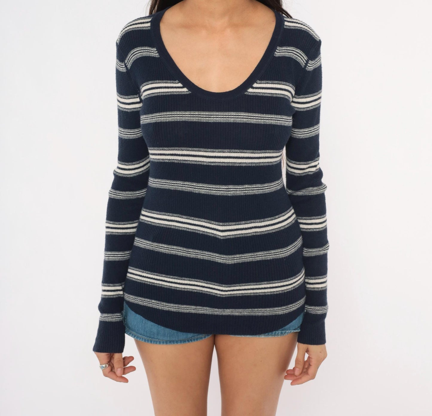 Y2K Gap Striped Scoop Neck Pullover Navy White Small S