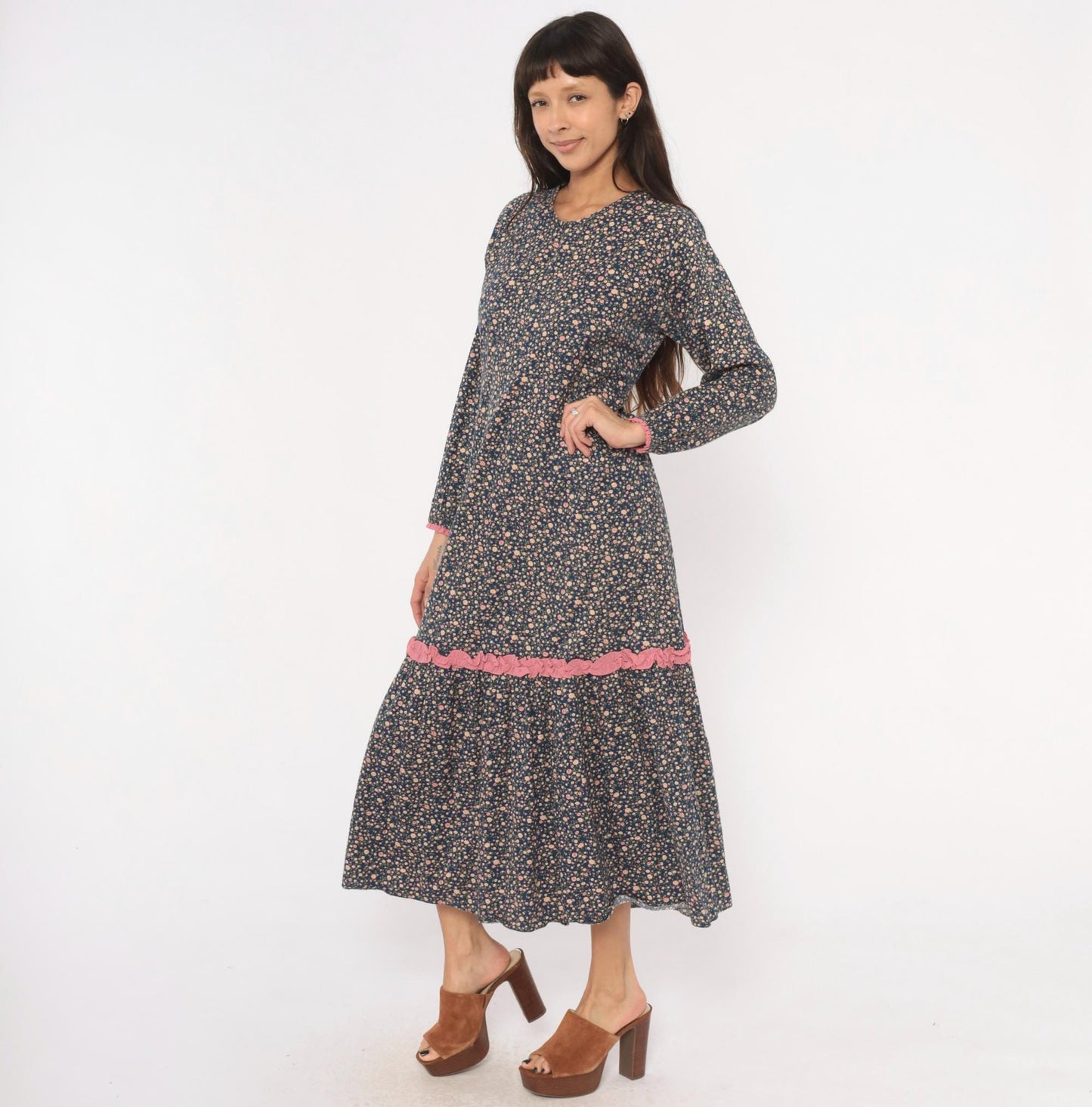 Y2K Indah Navy Floral Maxi Dress Cotton Long Sleeve Ruffle Trim Medium M