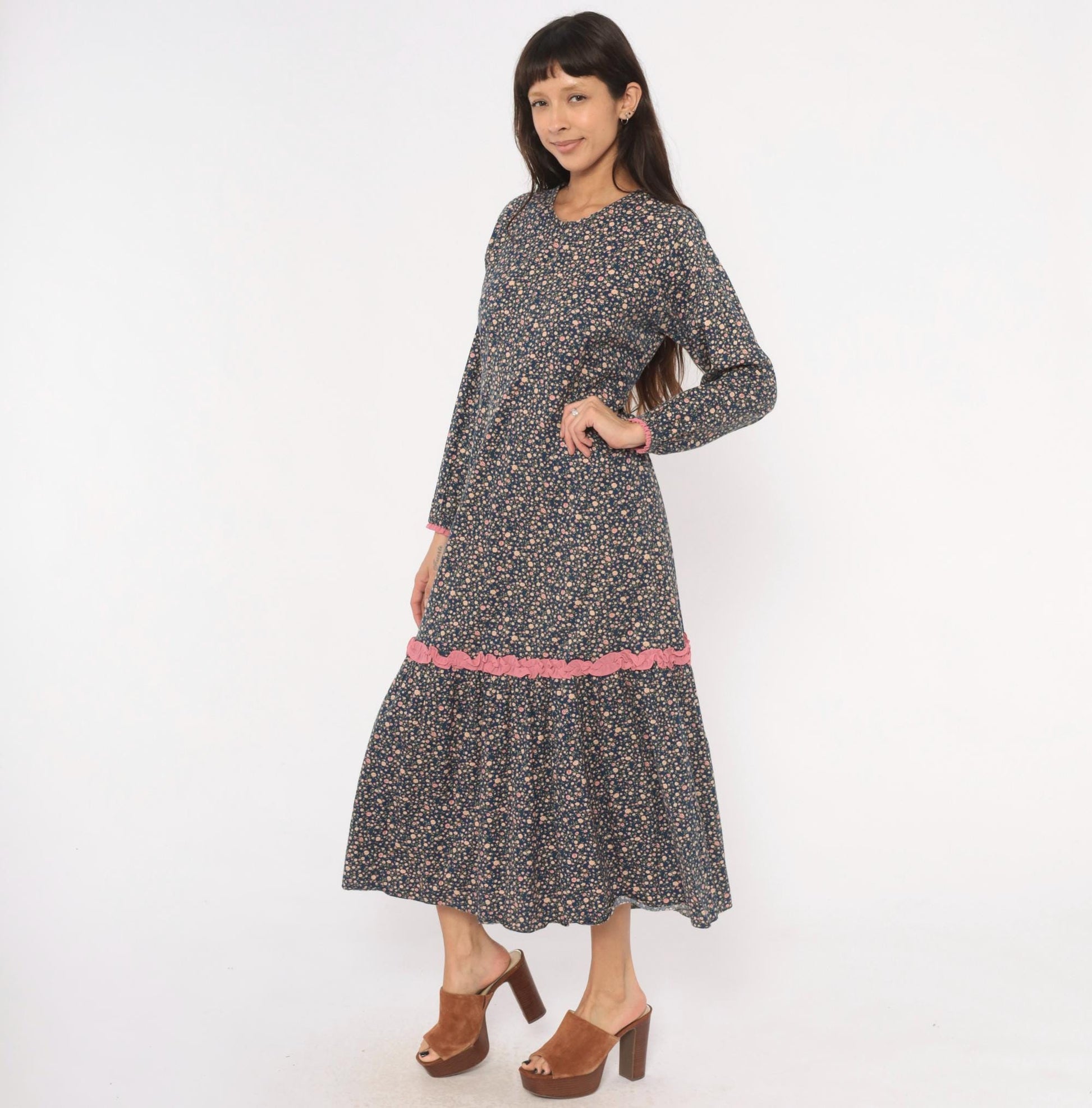 Y2K Indah Navy Floral Maxi Dress Cotton Long Sleeve Ruffle Trim Medium M