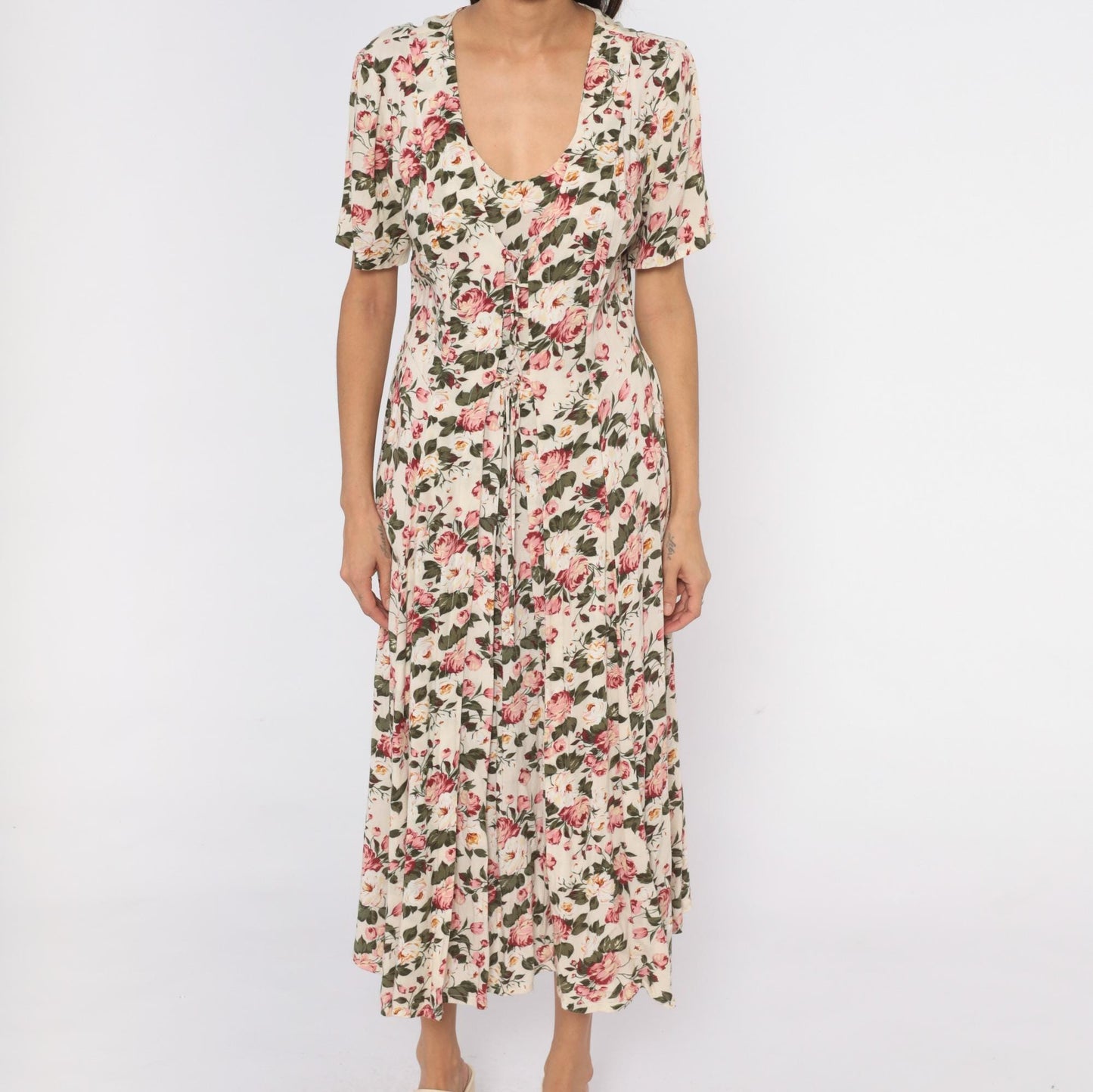 90s Jamie Brooke Midi Dress Cream Floral Tie Front Puff Sleeve Medium M