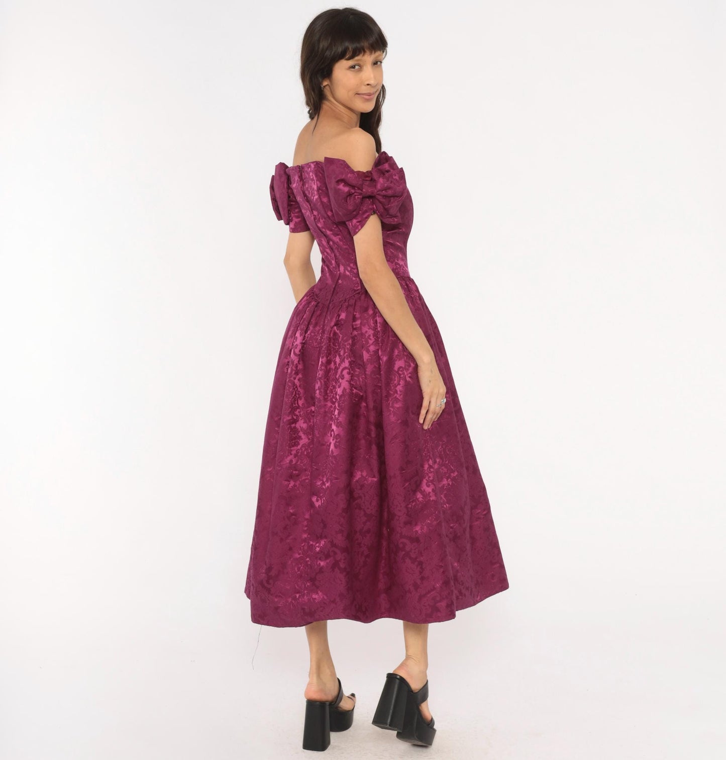 Jessica McClintock 80s Plum Brocade Puff Sleeve Gown Small