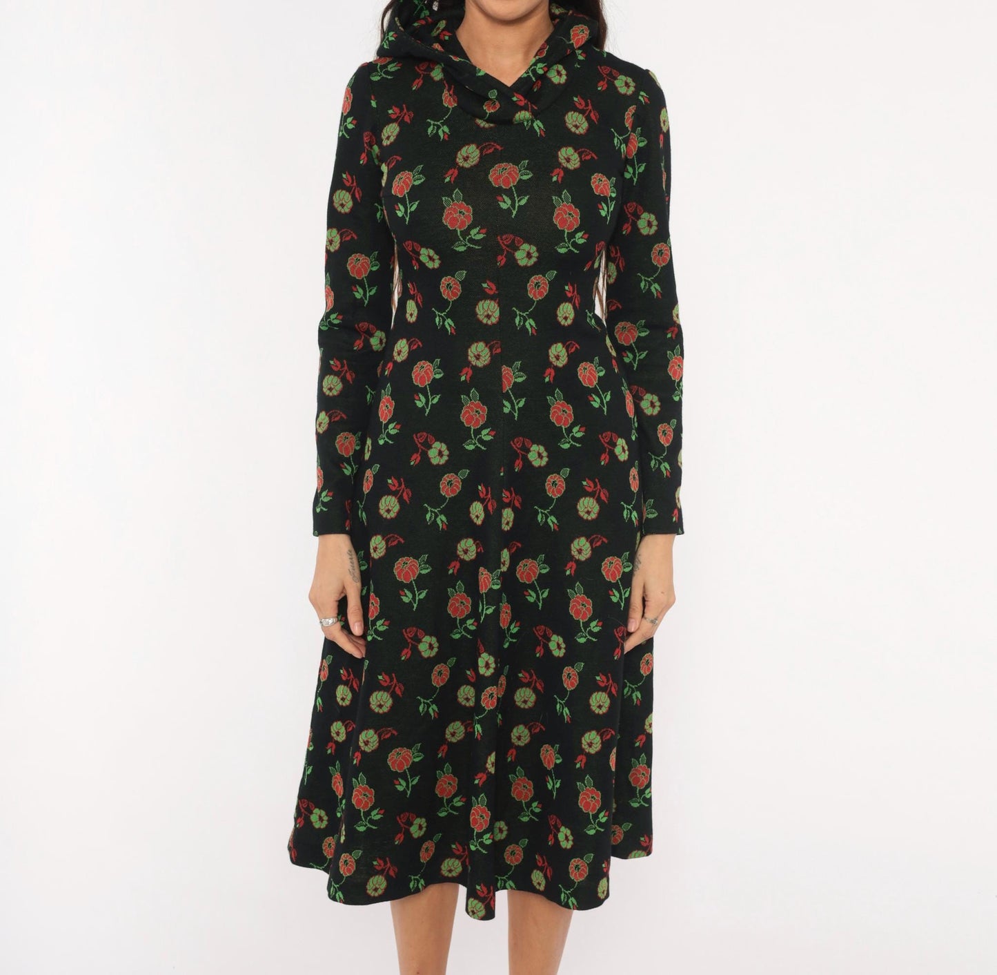 70s Black Hooded Midi Dress Red Rose Floral Print Long Sleeve Extra Small
