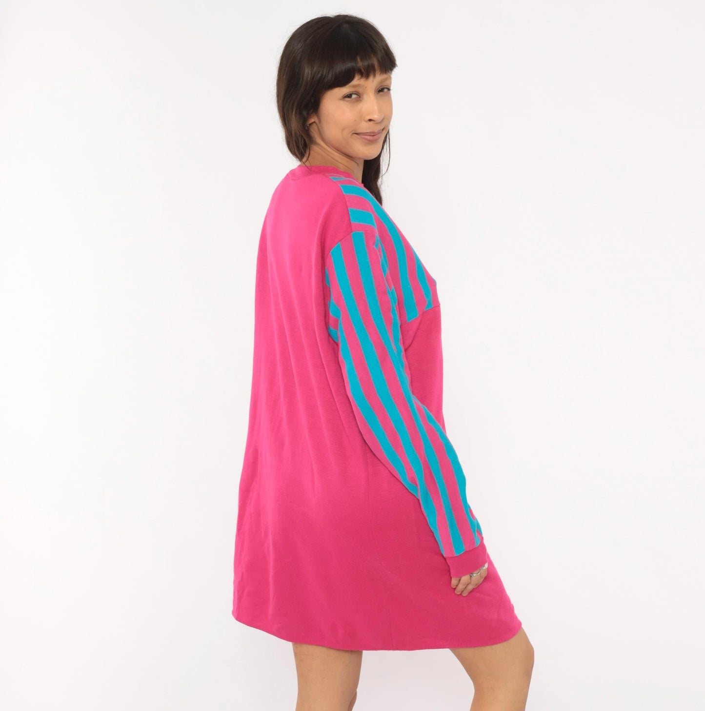 80s Sleep Mates Striped Sweatshirt Dress Hot Pink Teal Knee-Length Small