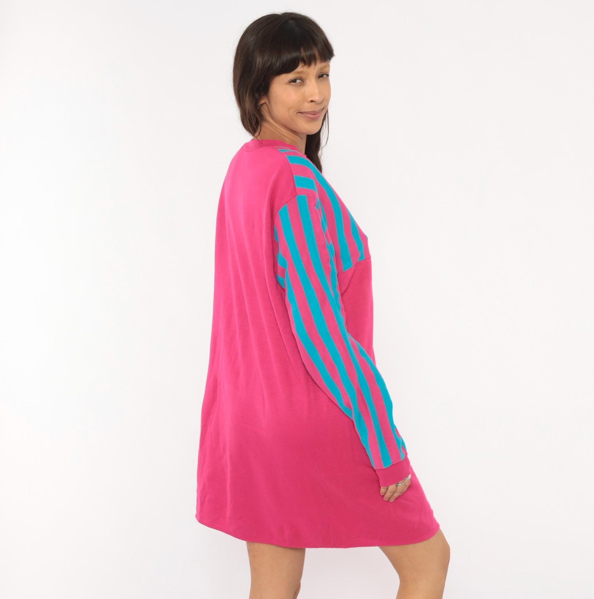 80s Sleep Mates Striped Sweatshirt Dress Hot Pink Teal Knee-Length Small