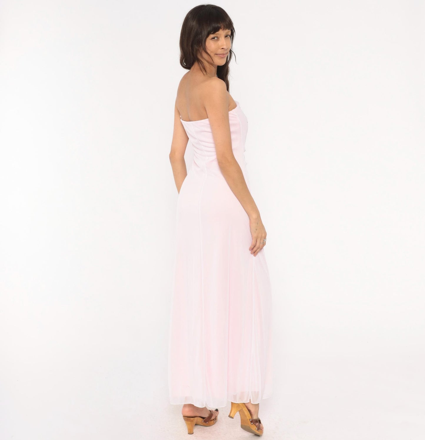 Y2K Baby Pink Strapless Maxi Gown Rhinestone Sweetheart Neckline Large L