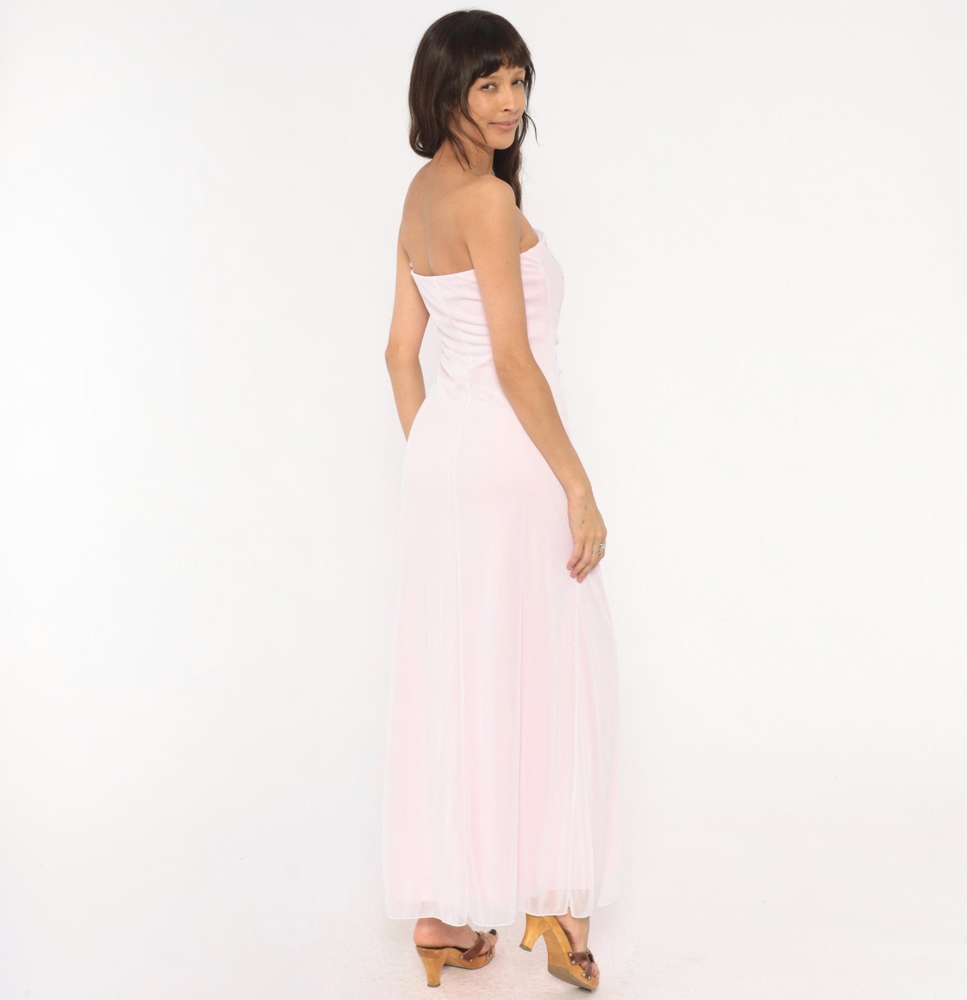 Y2K Baby Pink Strapless Maxi Gown Rhinestone Sweetheart Neckline Large L