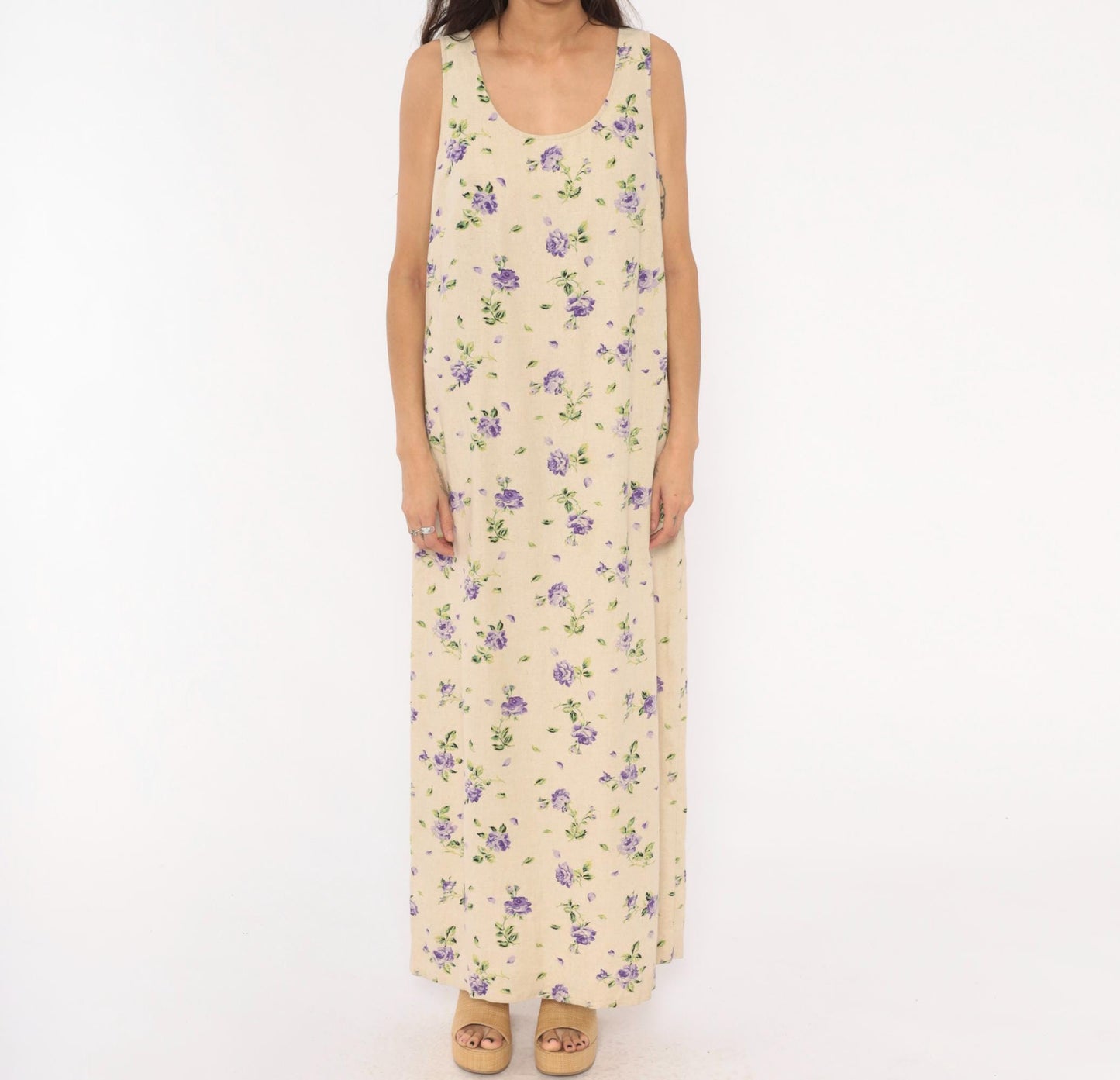 90s Liz Baker Floral Linen Maxi Dress Purple Rose Cream Tank Sleeveless Extra Large XXL