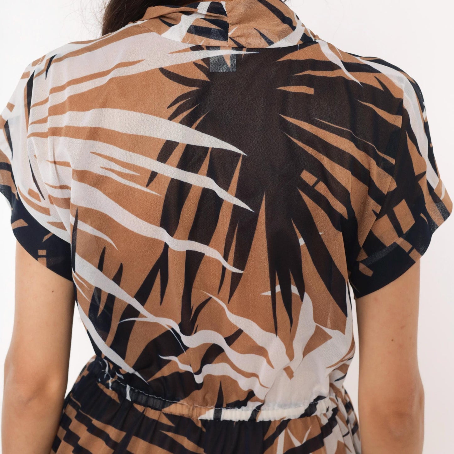 70s Tropical Palm Leaf Wrap Dress Navy Tan Cream Sheer Knee-Length Small Medium