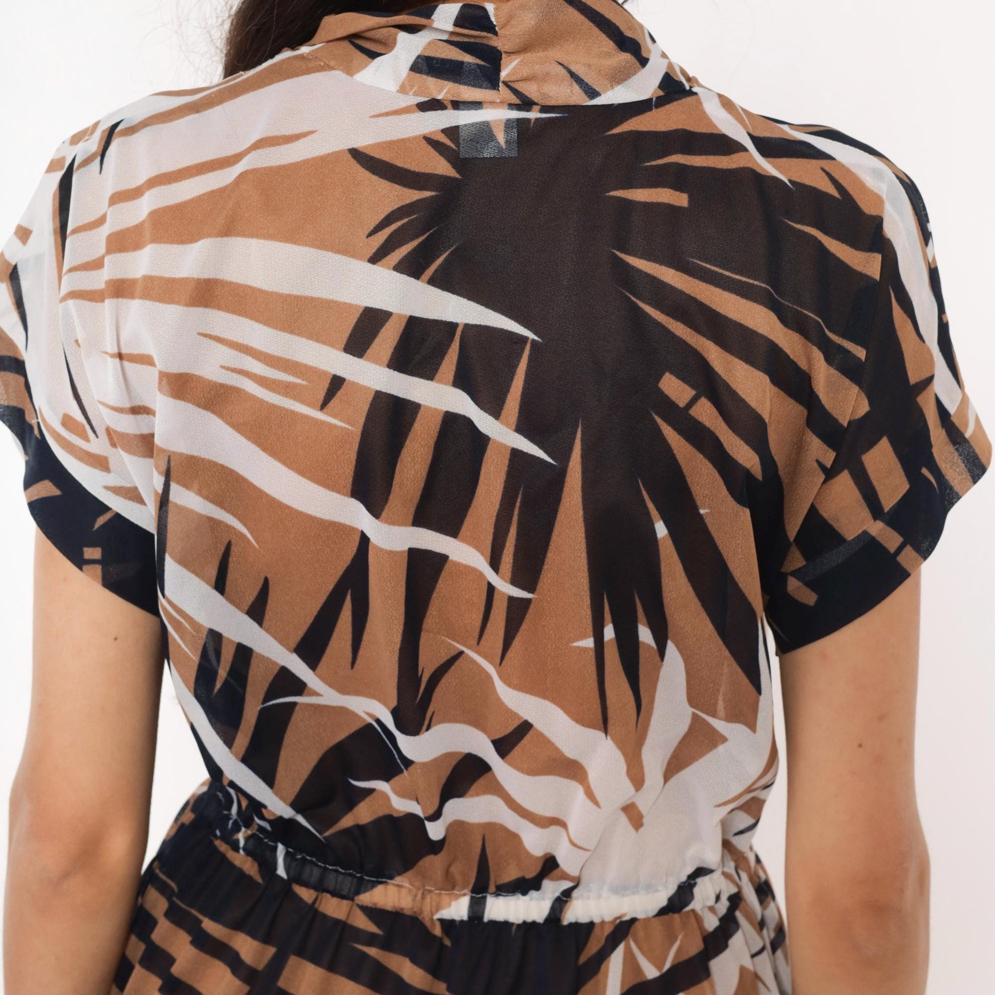 70s Tropical Palm Leaf Wrap Dress Navy Tan Cream Sheer Knee-Length Small Medium