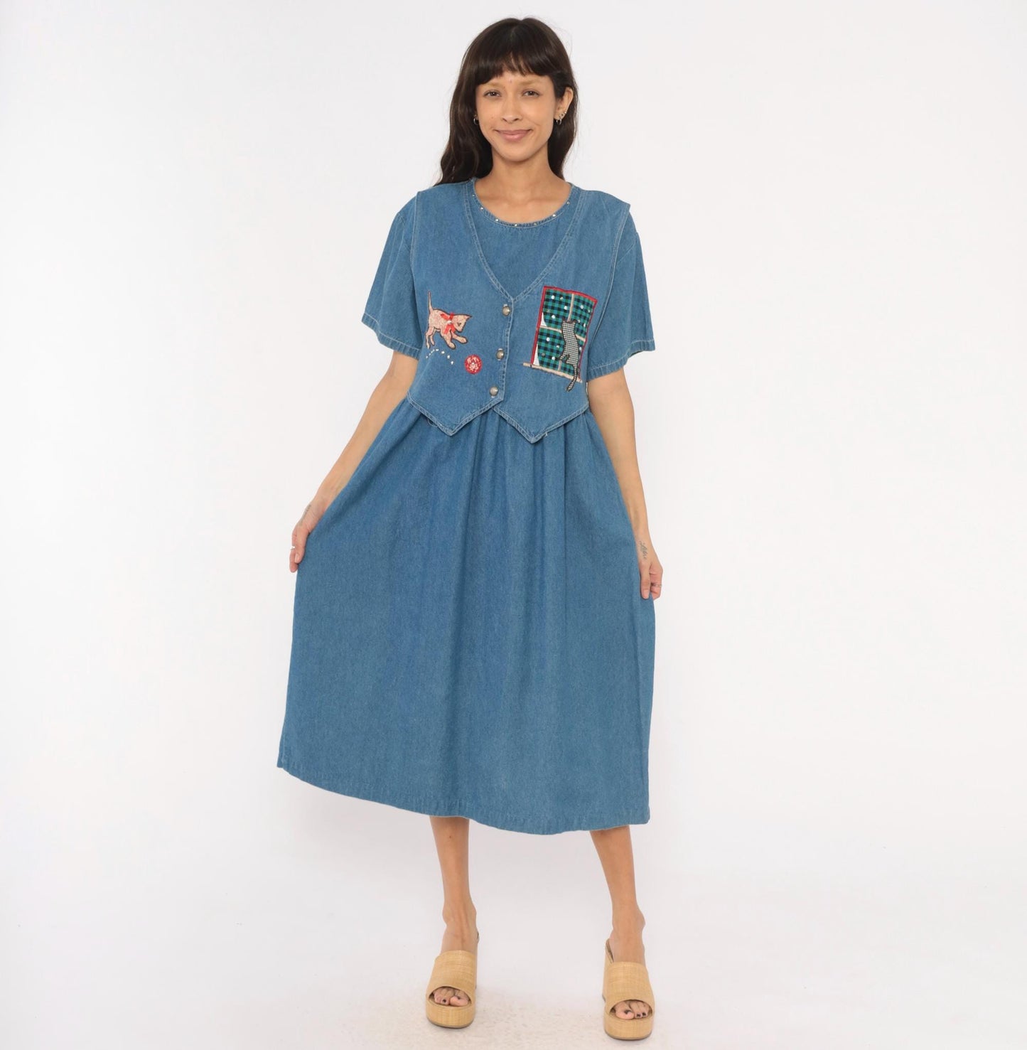 90s Miss & Mrs Cat Denim Midi Dress Patchwork Kitten Window V-Neck Cotton Large L