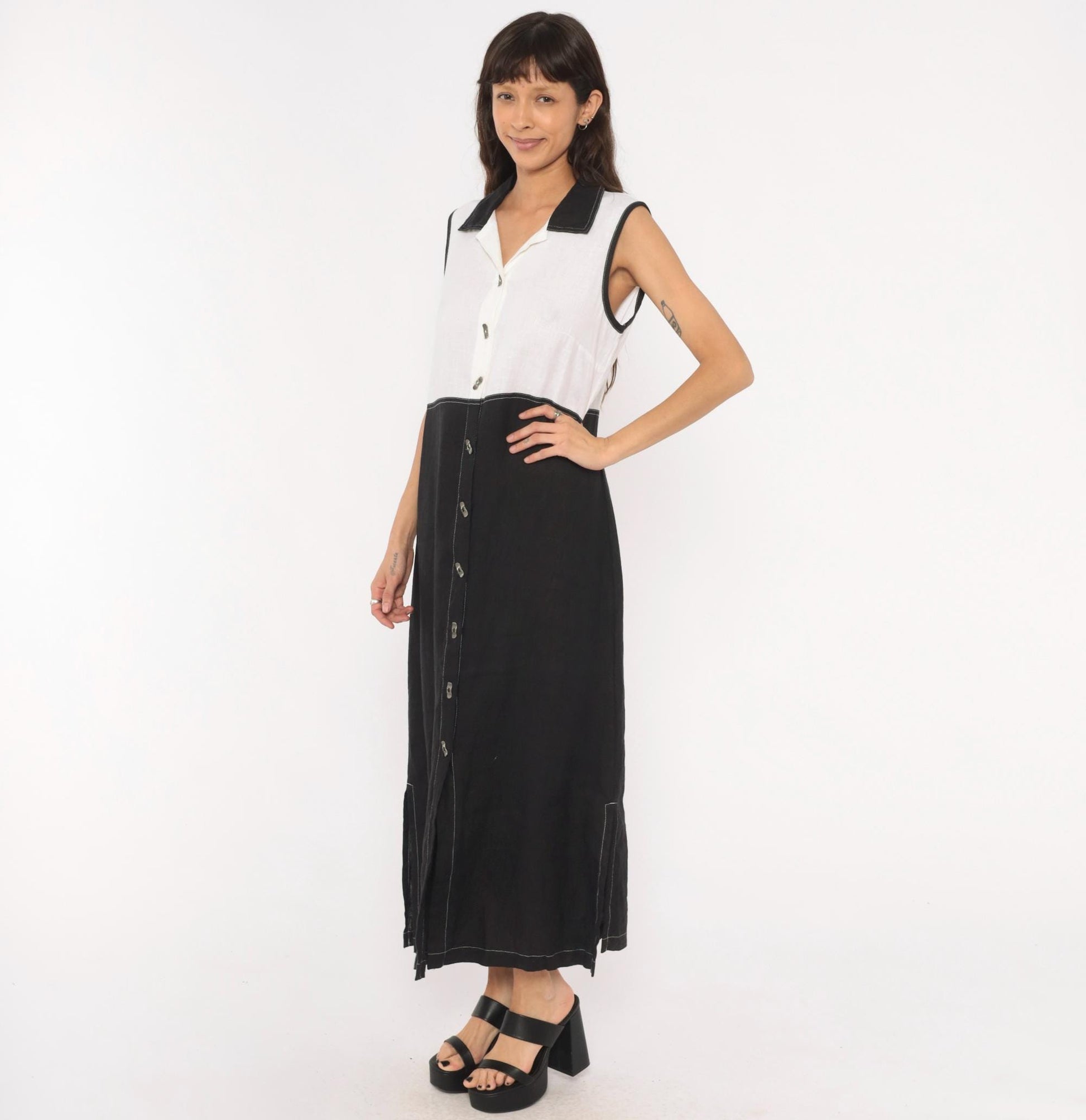 90s Nannette Keller Color Block Maxi Dress Black White Linen Cotton Medium M