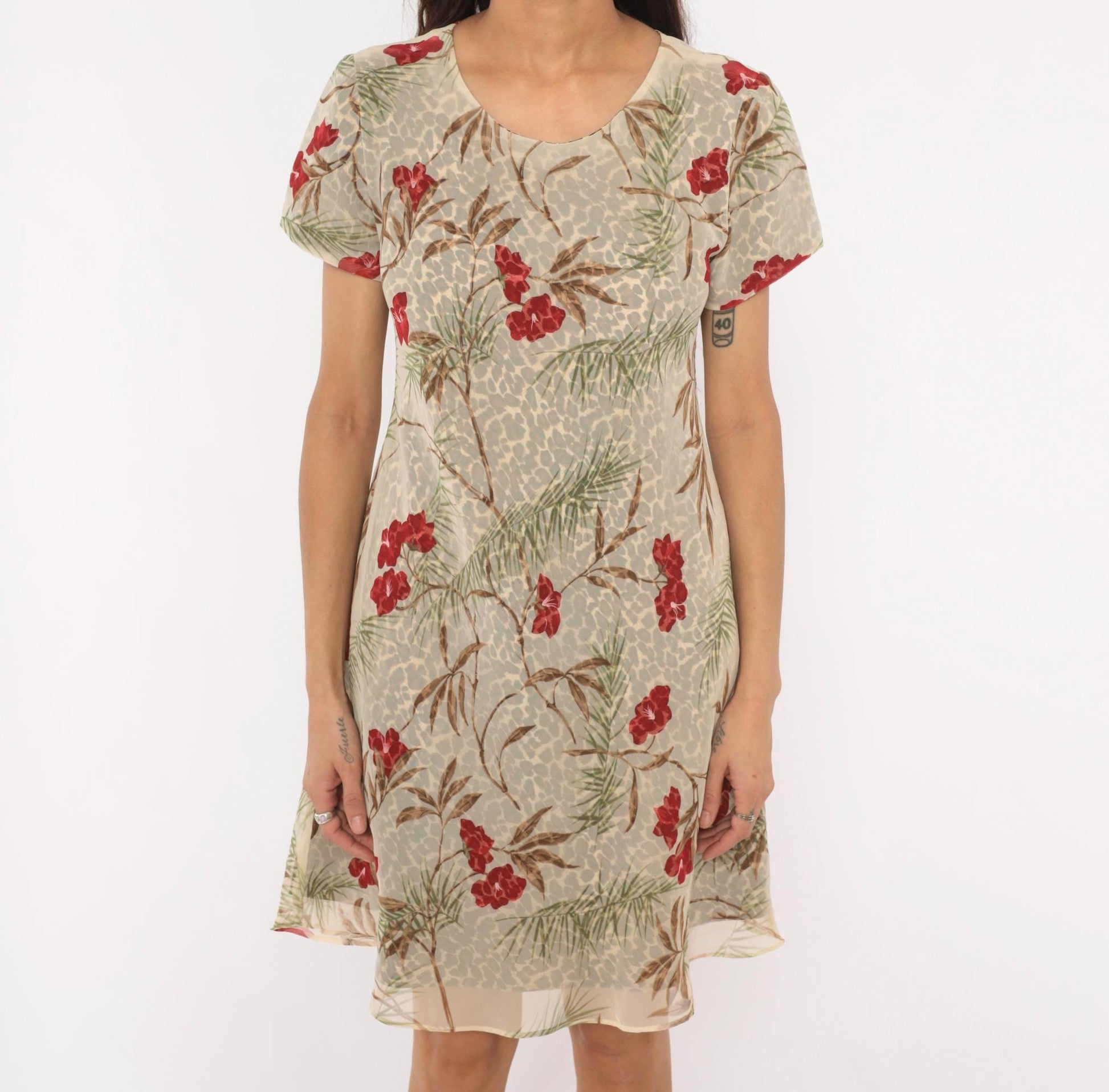 90s Jessica Howard Leopard Floral A-Line Dress Tan Tropical Print Medium M