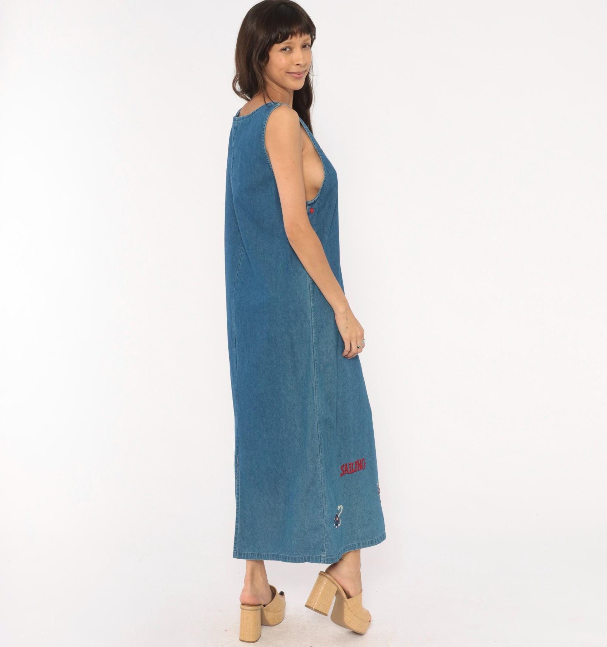 90s Keren Hart Nautical Denim Maxi Dress Embroidered Lighthouse Anchor Medium M