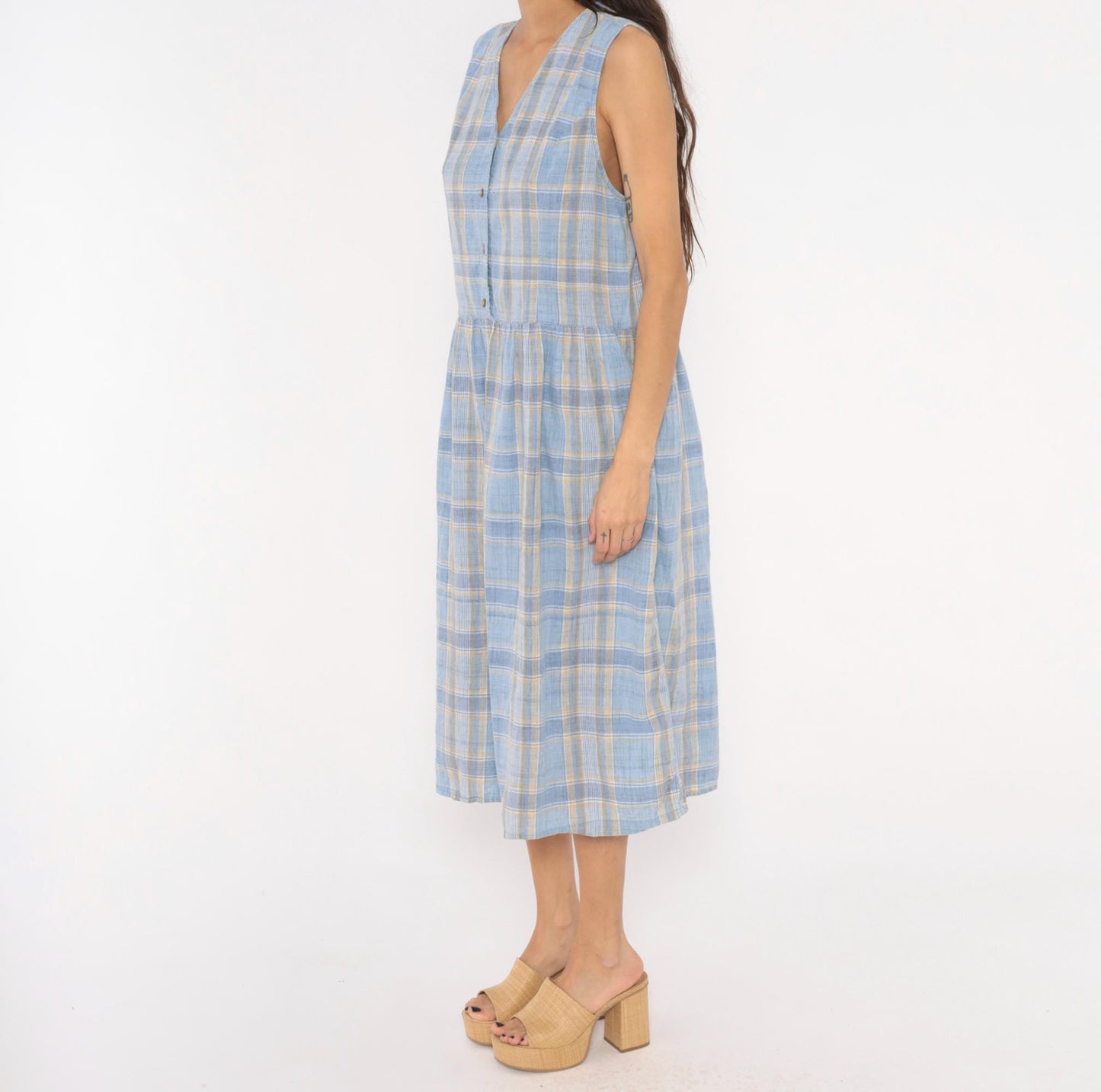 90s Lands' End Blue Plaid Cotton Midi Sundress Button Front Large L