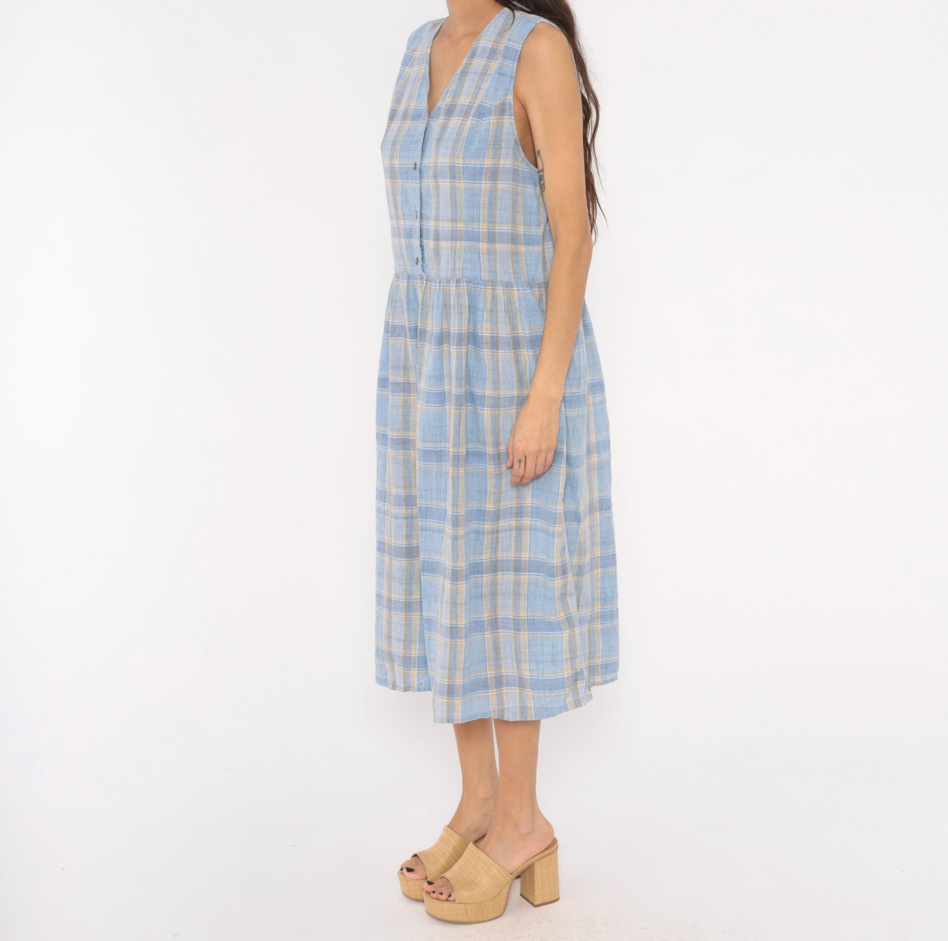 90s Lands' End Blue Plaid Cotton Midi Sundress Button Front Large L