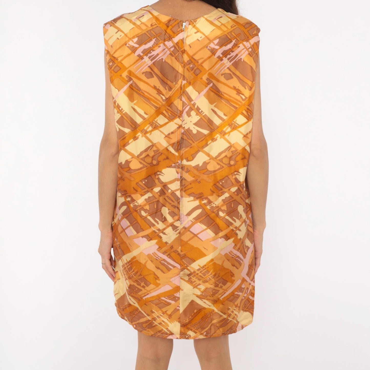 60s Mod Abstract Brushstroke Shift Dress Sleeveless Knee-Length Orange Brown Large L