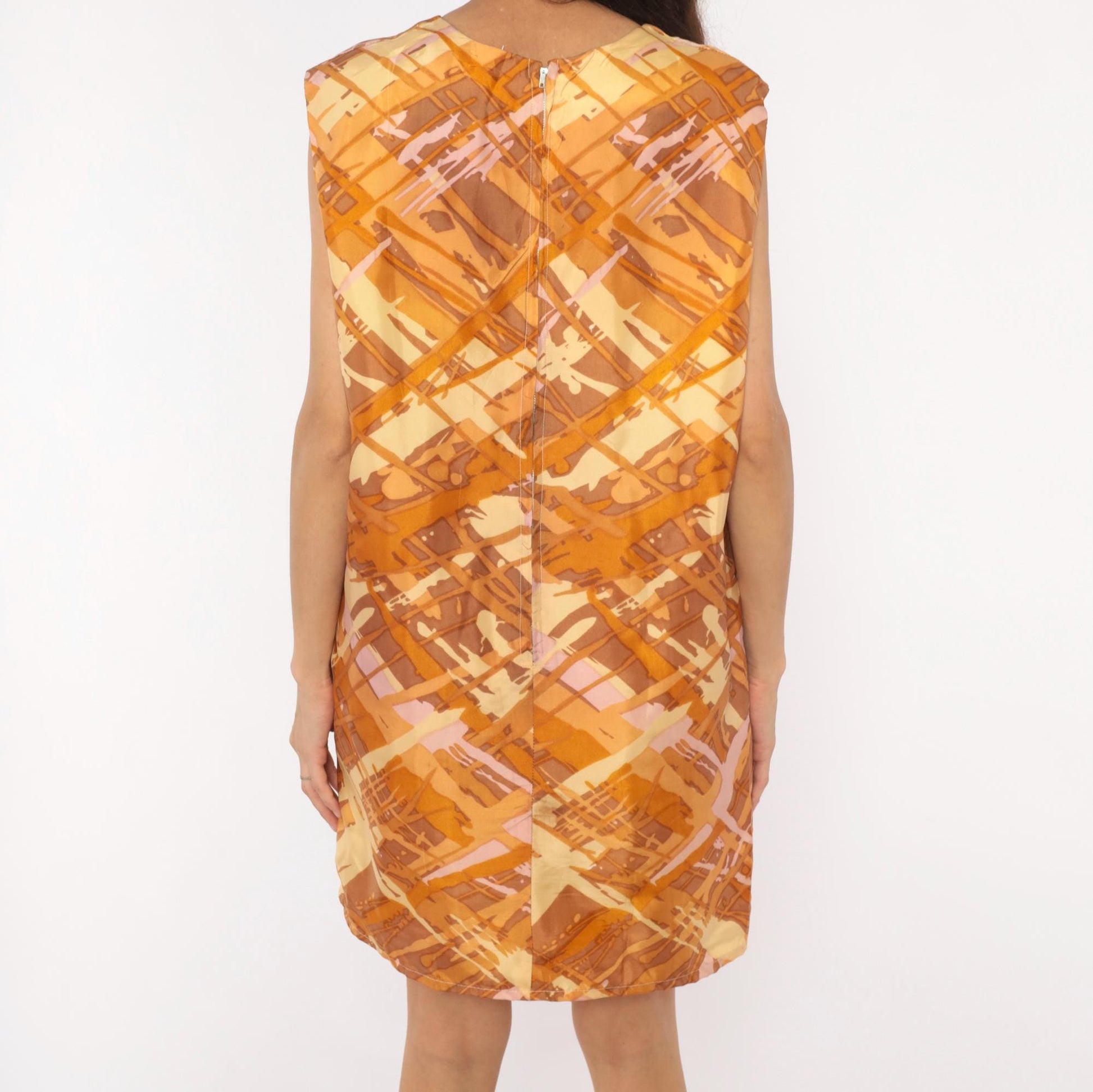 60s Mod Abstract Brushstroke Shift Dress Sleeveless Knee-Length Orange Brown Large L