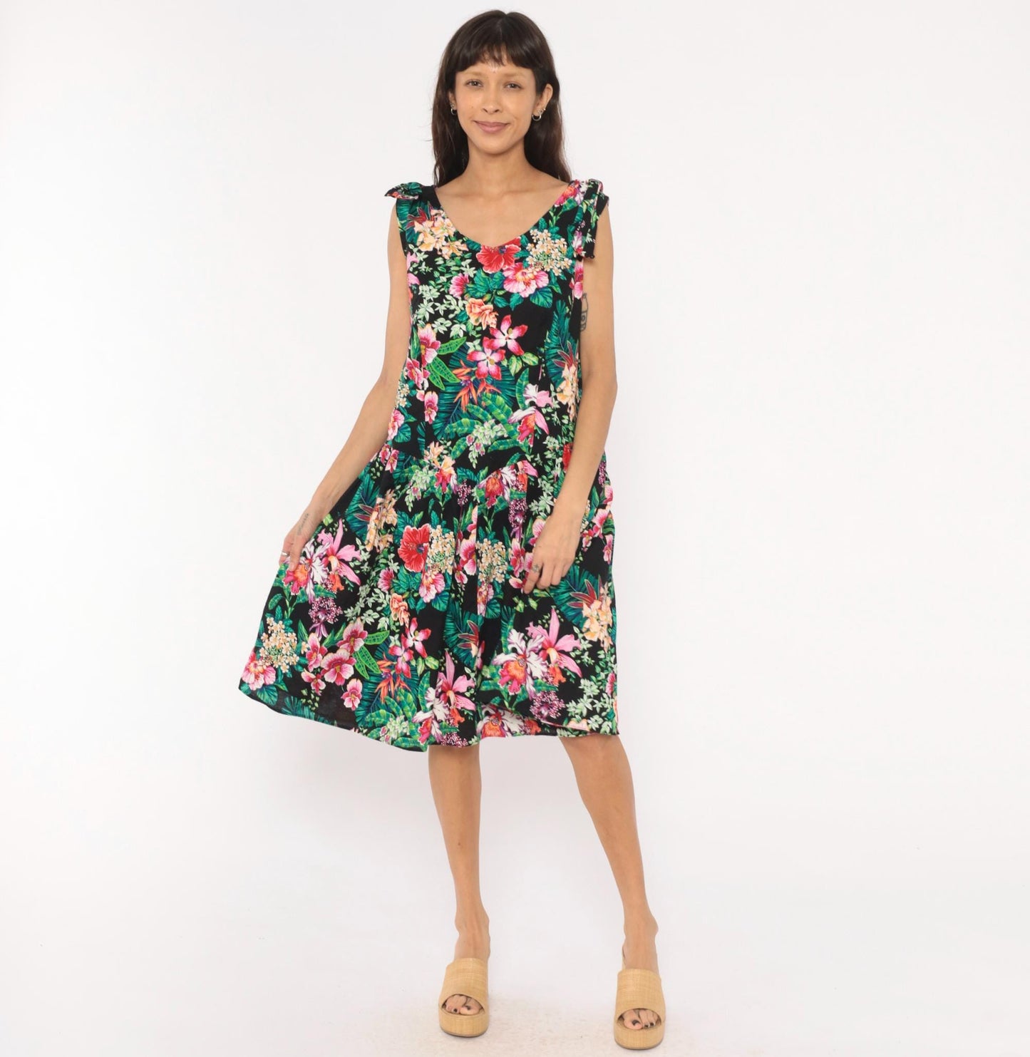 90s D.L. Originals Tropical Floral Sundress Black Pink Cotton Plus Size 1X