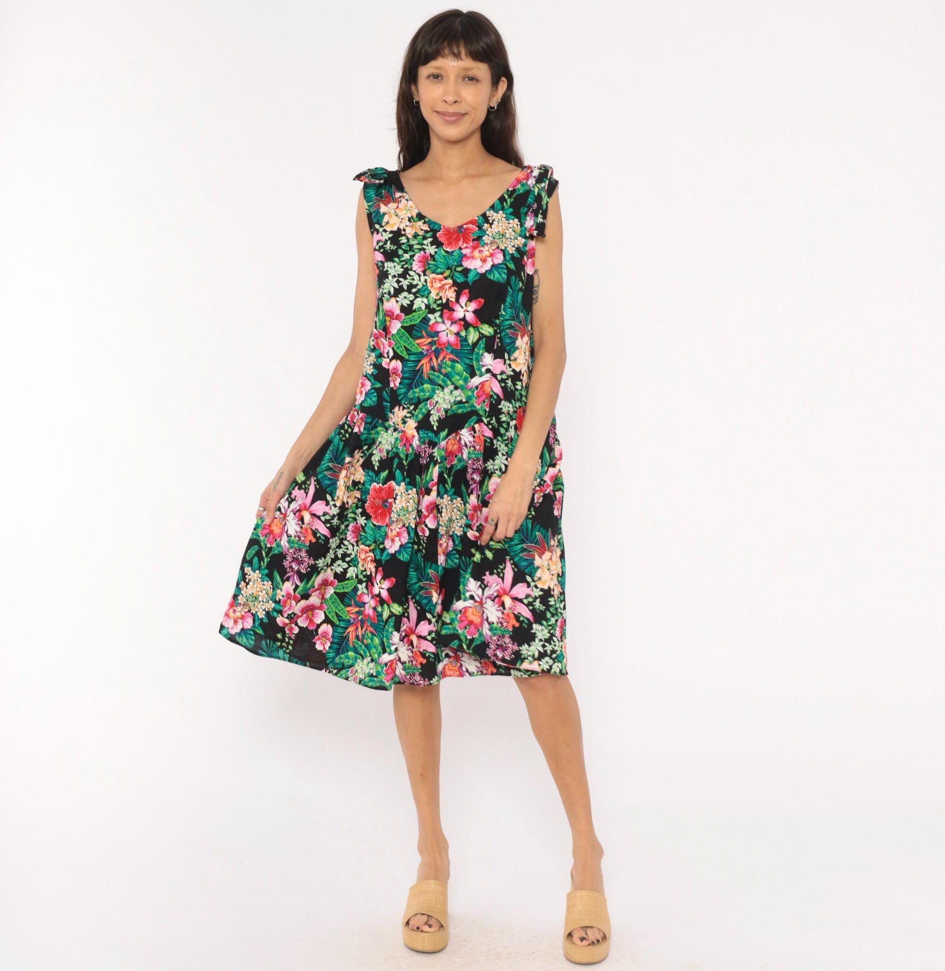 90s D.L. Originals Tropical Floral Sundress Black Pink Cotton Plus Size 1X