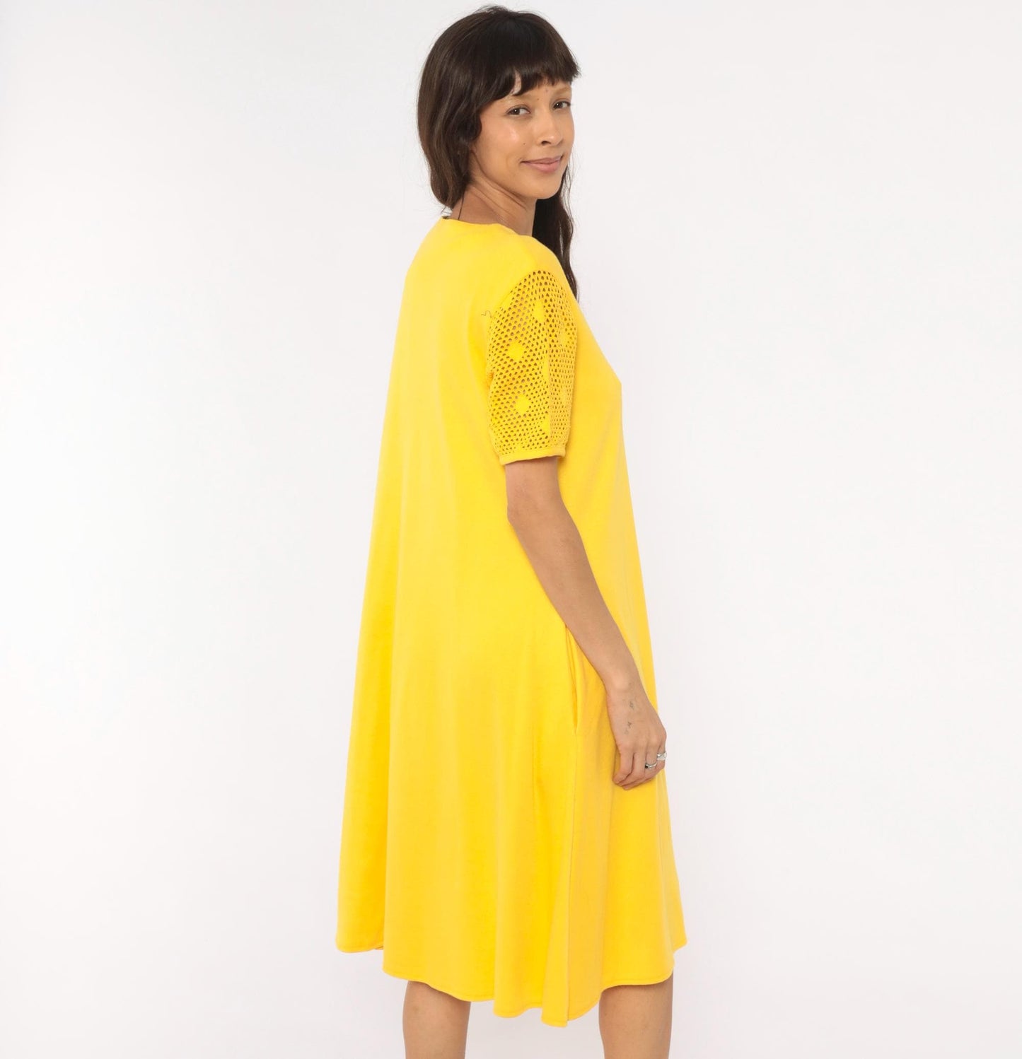 90s Leisure Living Sunflower Embroidered Dress Yellow Cotton Mesh Sleeve Small