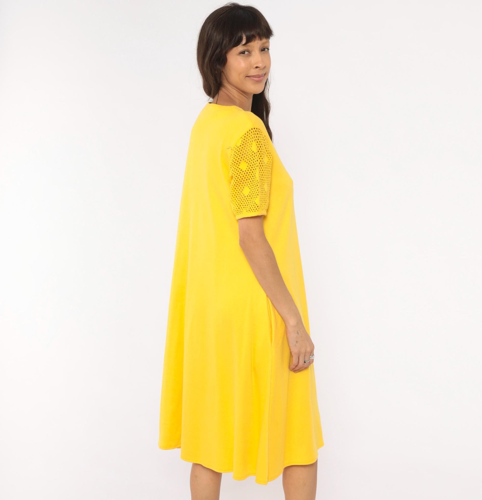 90s Leisure Living Sunflower Embroidered Dress Yellow Cotton Mesh Sleeve Small