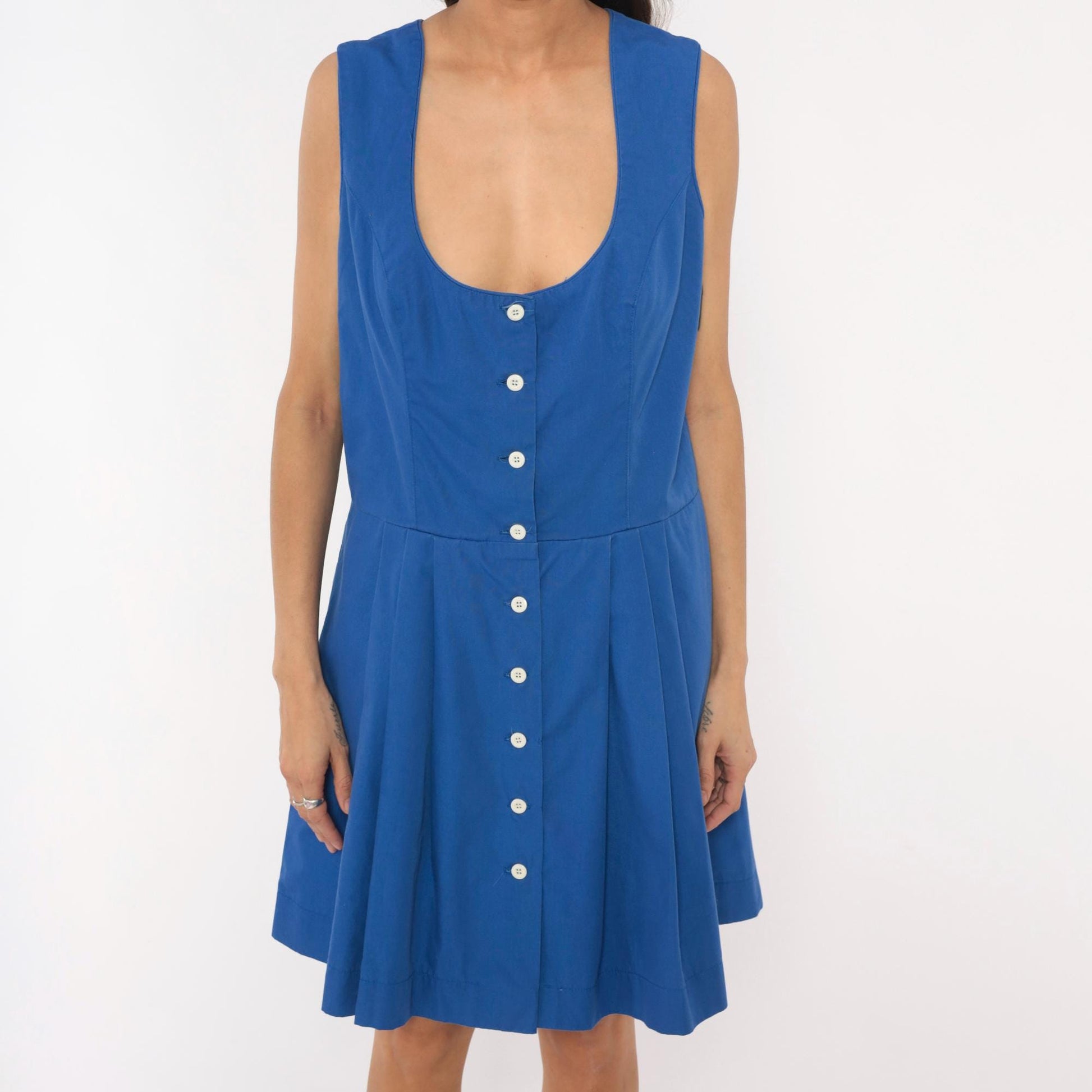 90s Cobalt Blue Button Front Dress Scoop Neck Pleated A-Line Knee Length Large