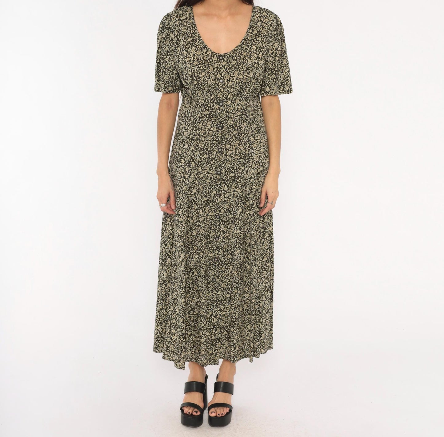 90s All That Jazz Floral Maxi Dress Black Cream Rose Button Front Medium