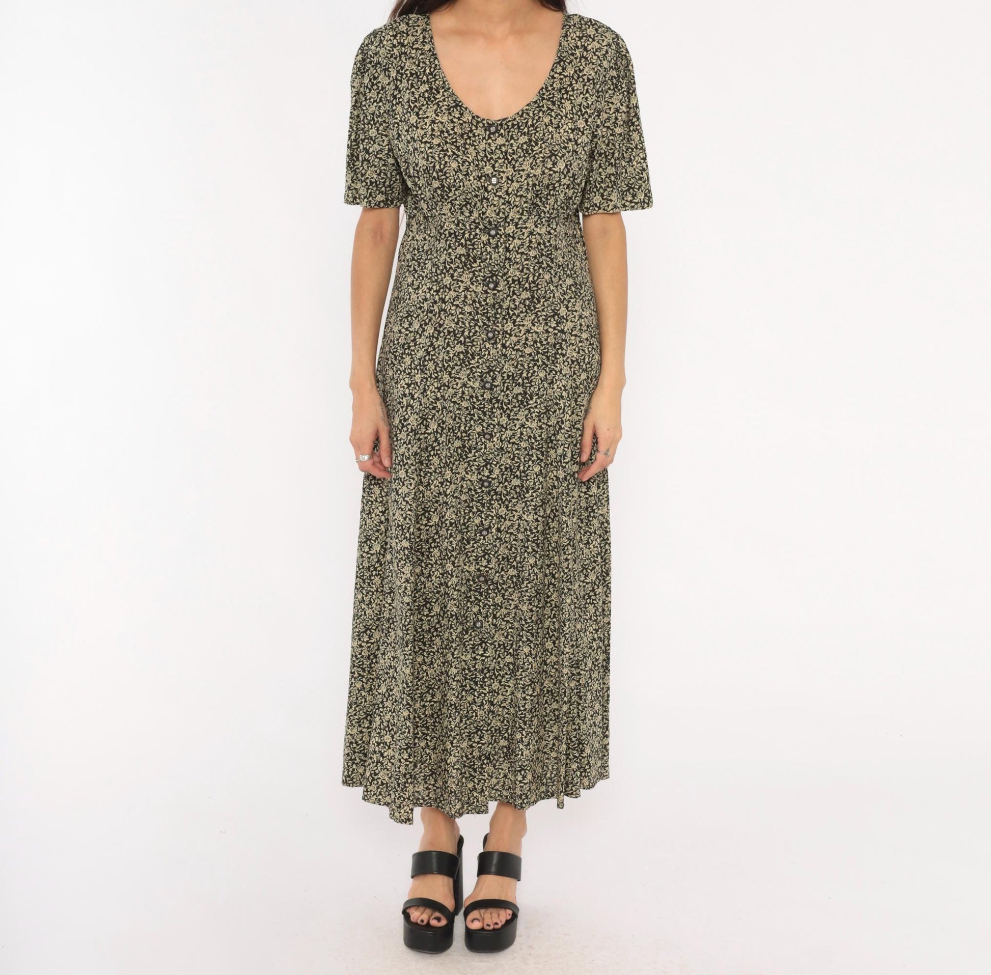 90s All That Jazz Floral Maxi Dress Black Cream Rose Button Front Medium