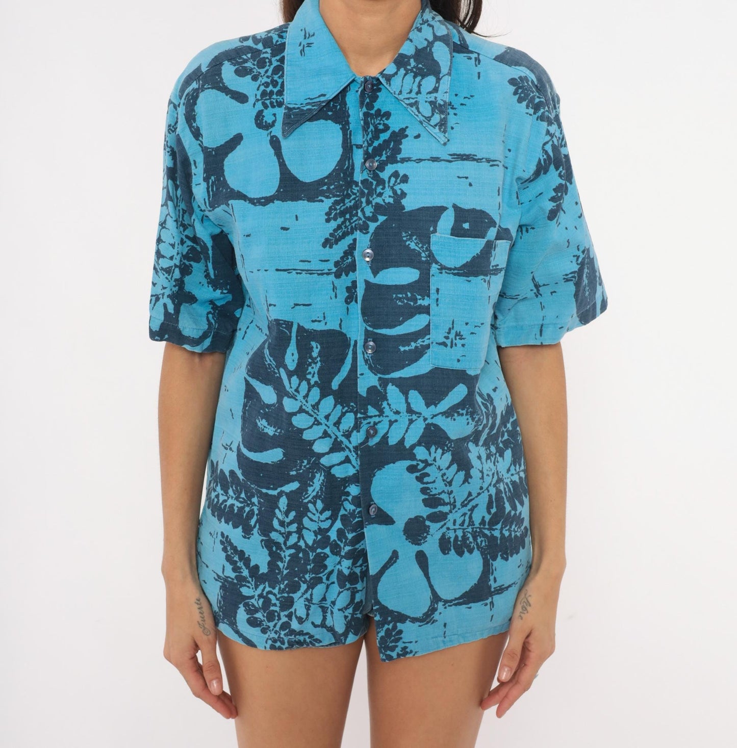80s Alohawaii Hawaiian Shirt Blue Botanical Fern Cotton Camp Collar Medium