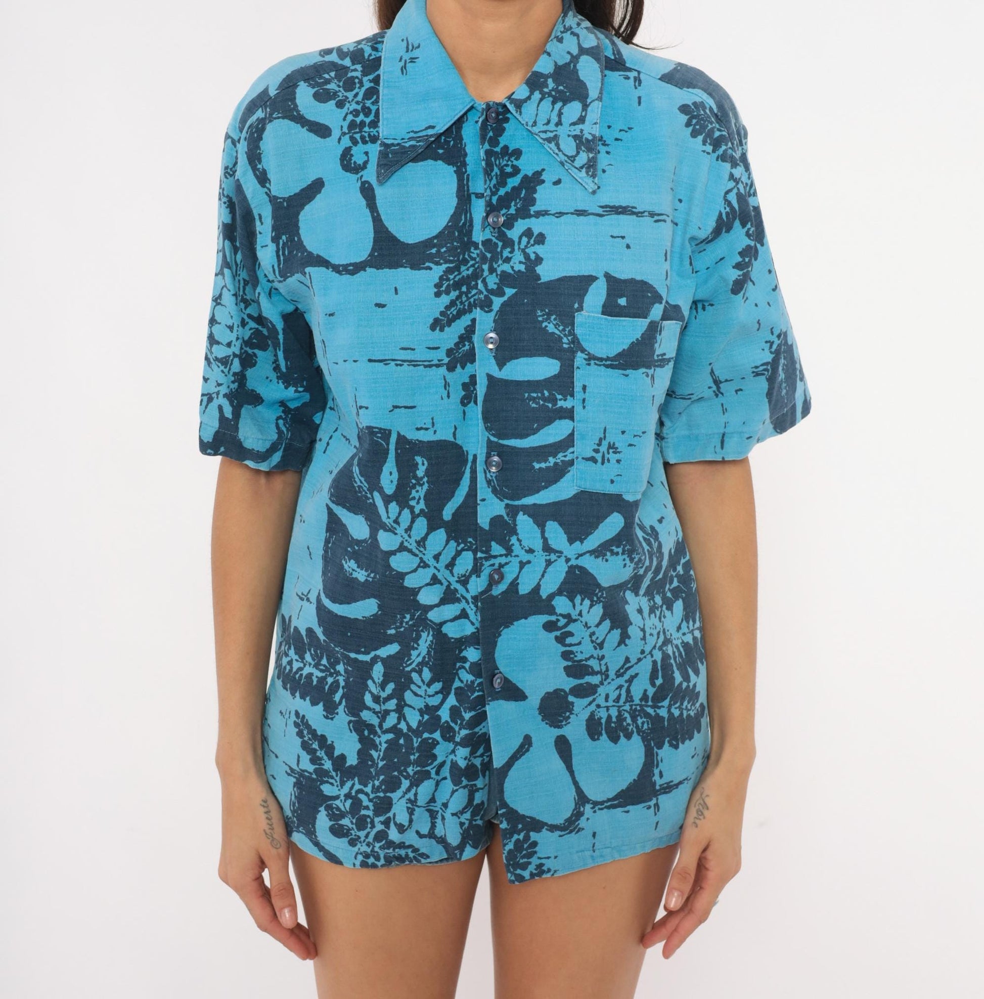 80s Alohawaii Hawaiian Shirt Blue Botanical Fern Cotton Camp Collar Medium